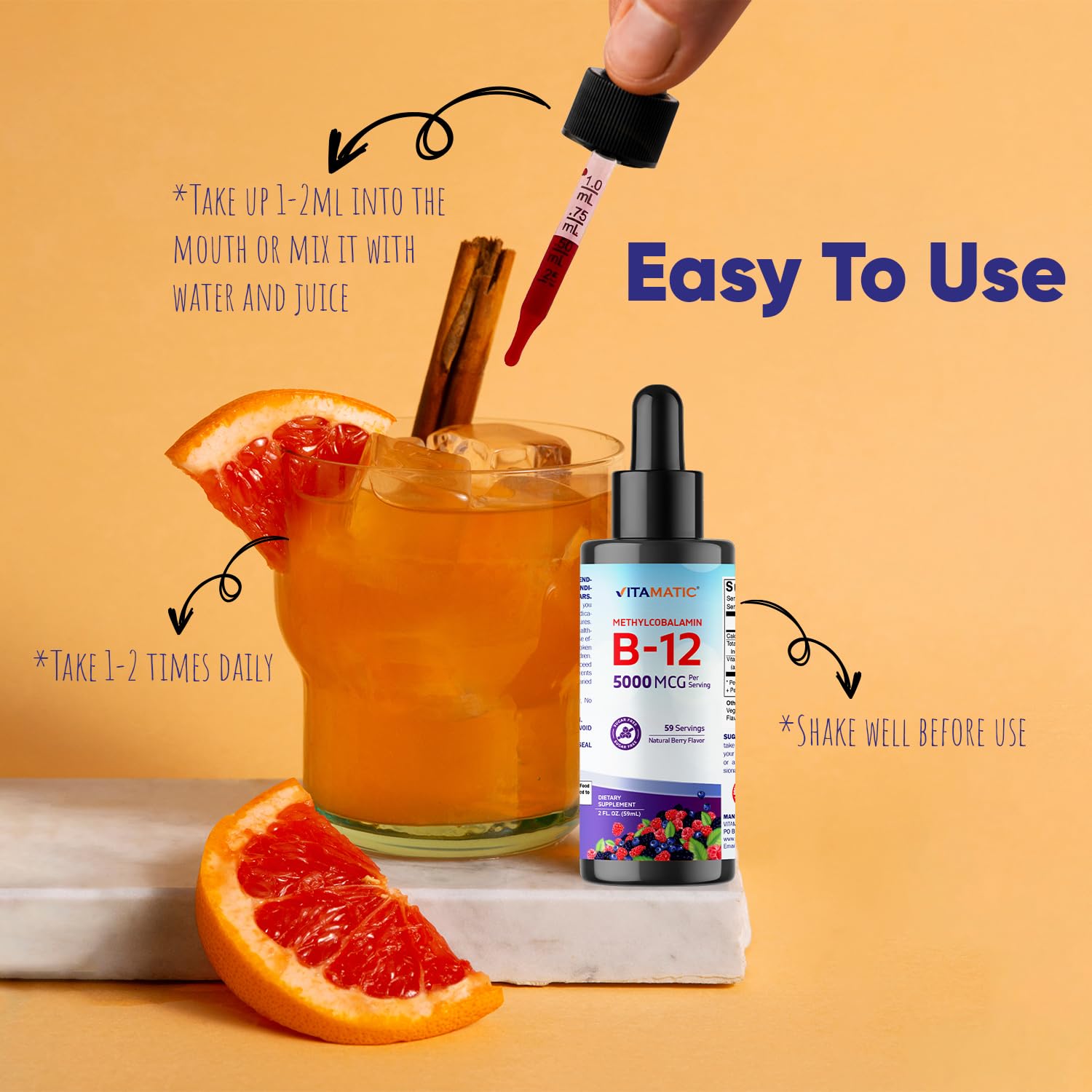 Vitamatic gota de líquido en cuchara que muestra la textura para dosificar fácil