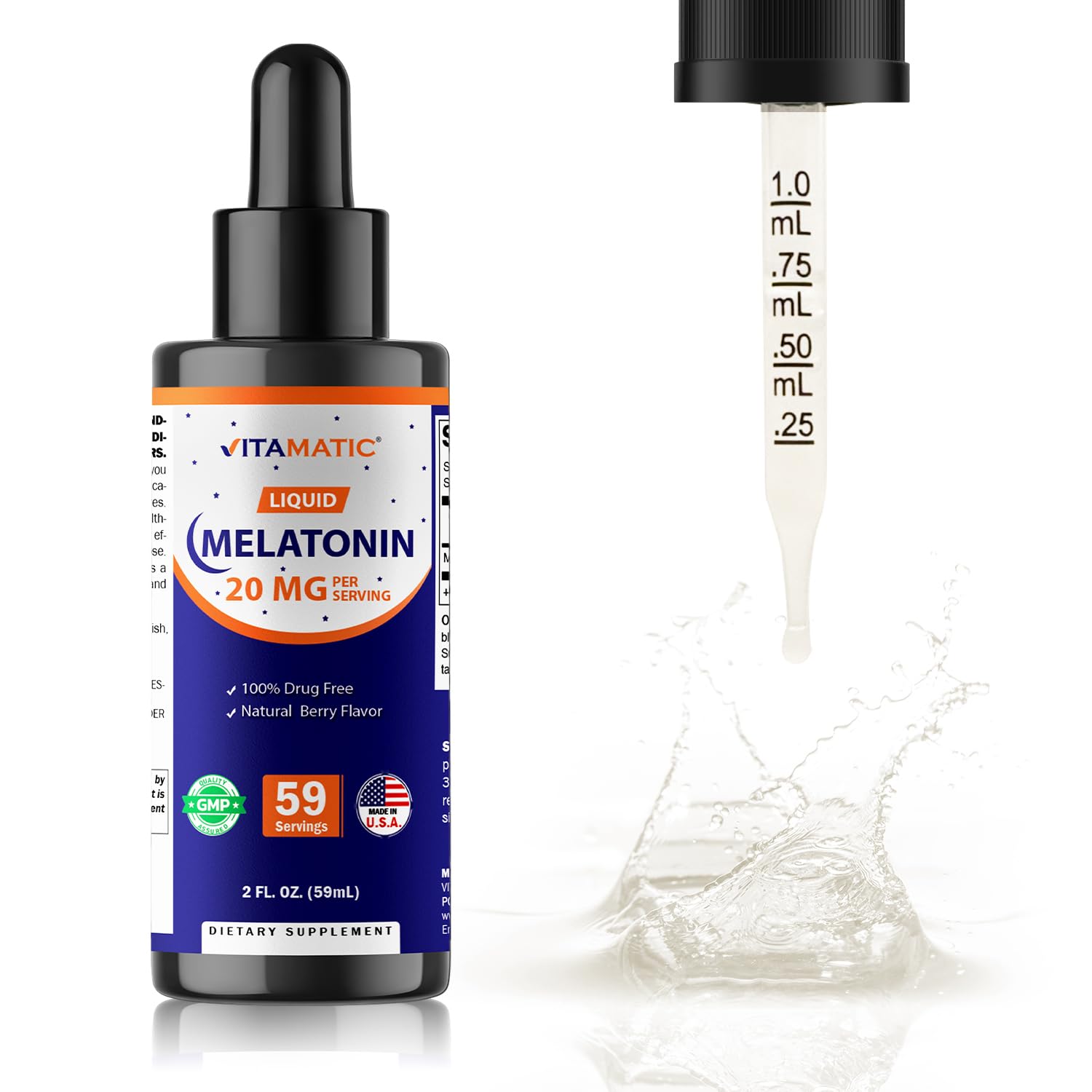 Vitamatic gotas líquidas cayendo del cuentagotas mostrando textura y dosificación