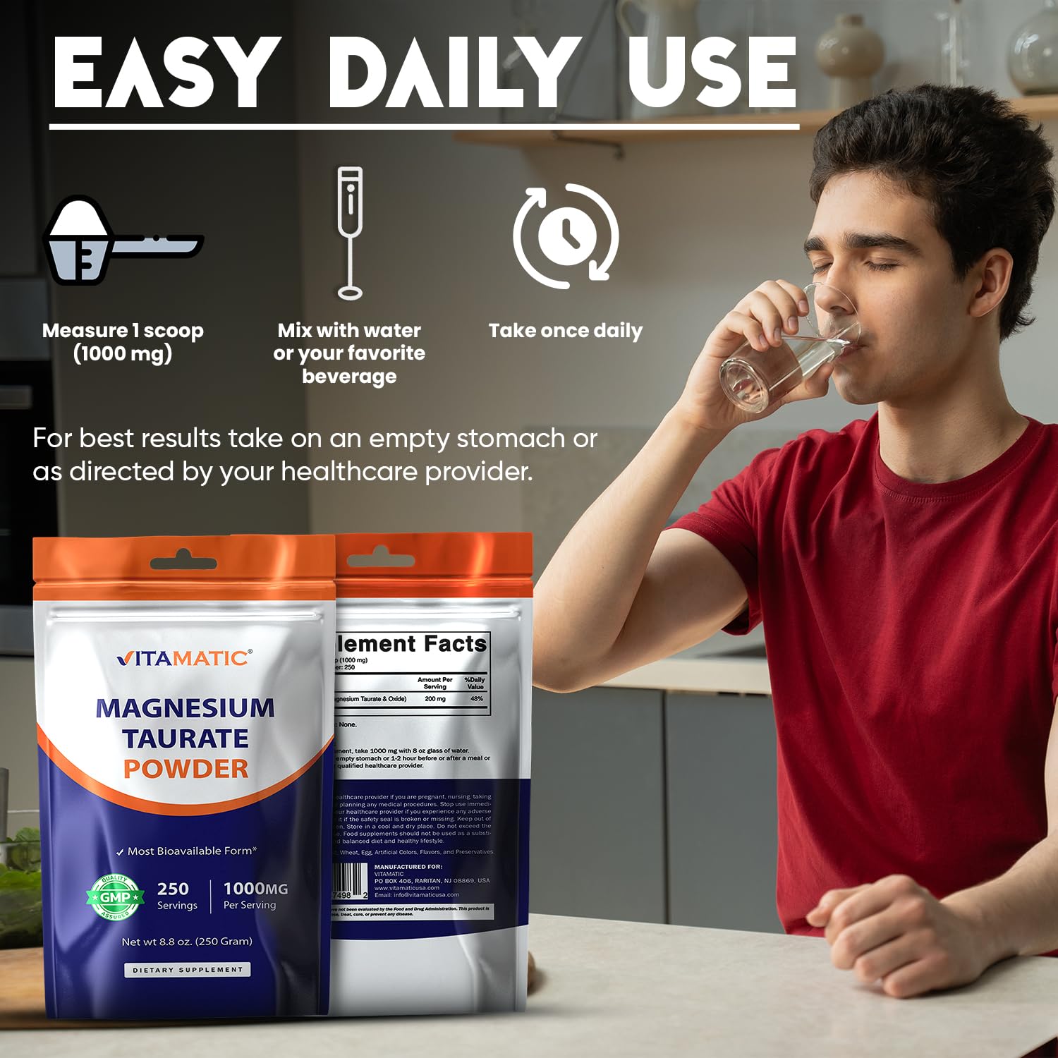 Vitamatic vaso con polvo disuelto, demostrando rápida solubilidad y uso