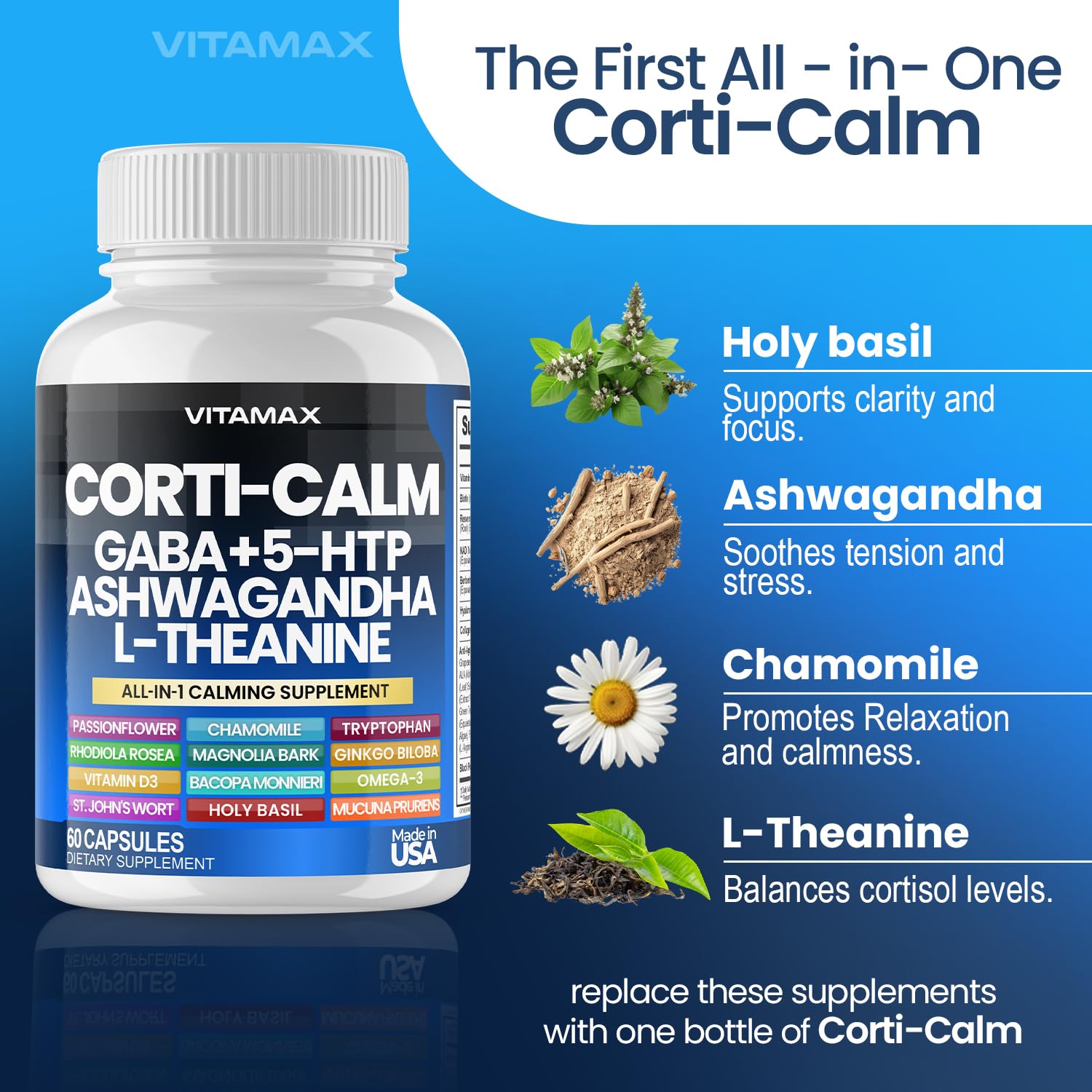Vitamax Corti-Calm etiqueta con lista de ingredientes y certificaciones
