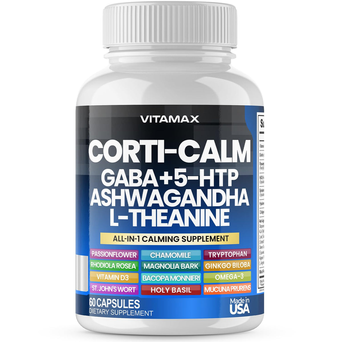 Vitamax Corti-Calm frasco frontal mostrando la marca y beneficios
