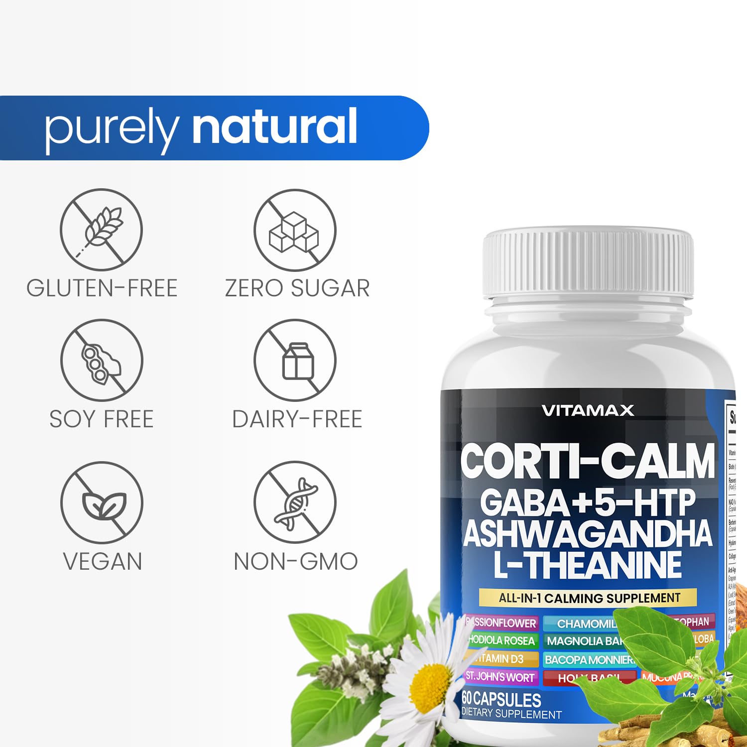 Vitamax Corti-Calm comparación de tamaño del frasco para portabilidad