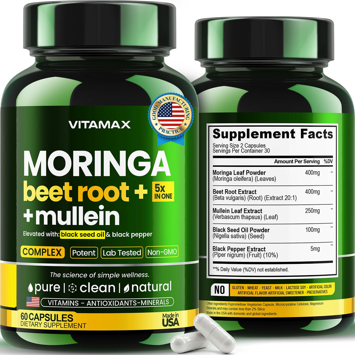 Vitamax presentación frontal de cápsulas mostrando dosis y beneficios