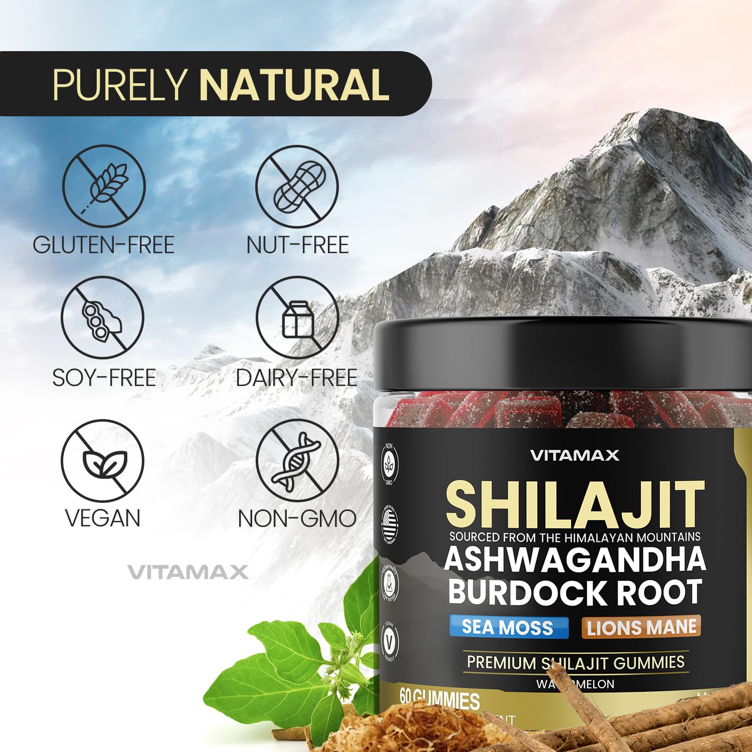 Montaje de ingredientes Vitamax: shilajit sea moss y ashwagandha destacando origen natural