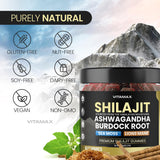 Montaje de ingredientes Vitamax: shilajit sea moss y ashwagandha destacando origen natural