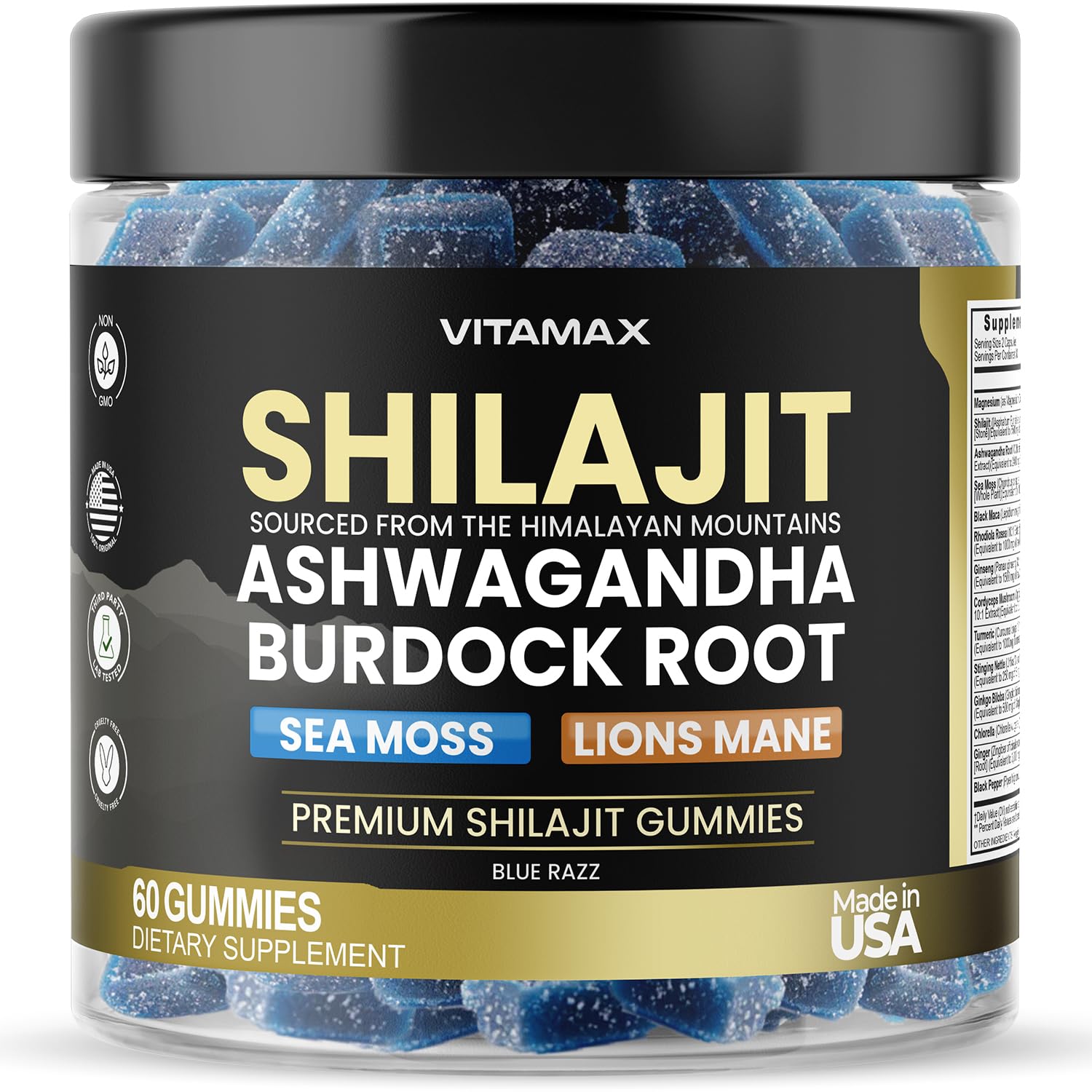 Vitamax gomitas Pure Shilajit vista frontal, presentación clara y confiable