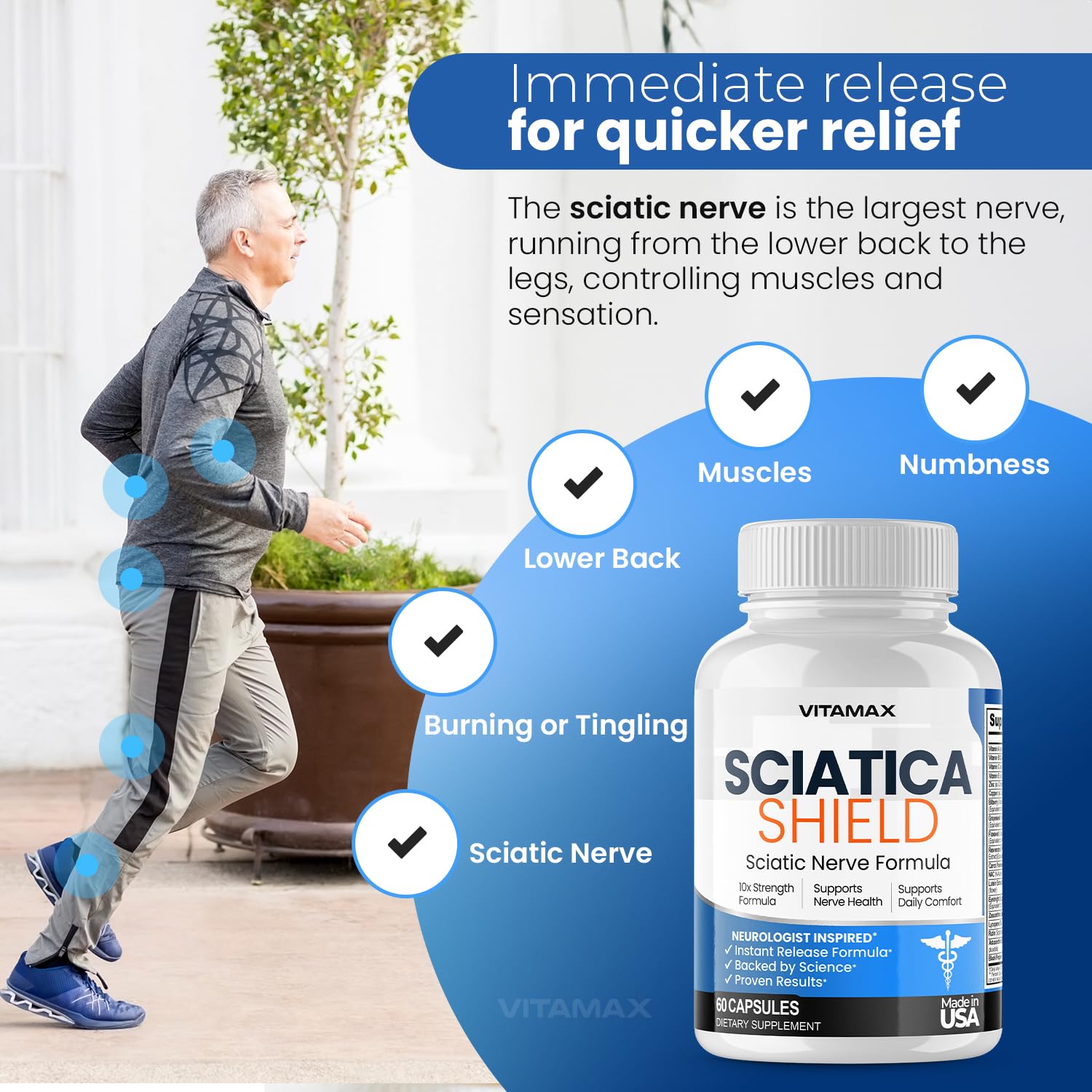 Cápsulas Vitamax Sciatica Shield detalle de textura y tamaño para fácil ingestión