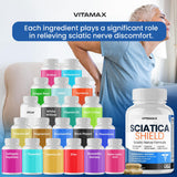 Frasco Vitamax Sciatica Shield en mano para comparar escala y dosis diaria