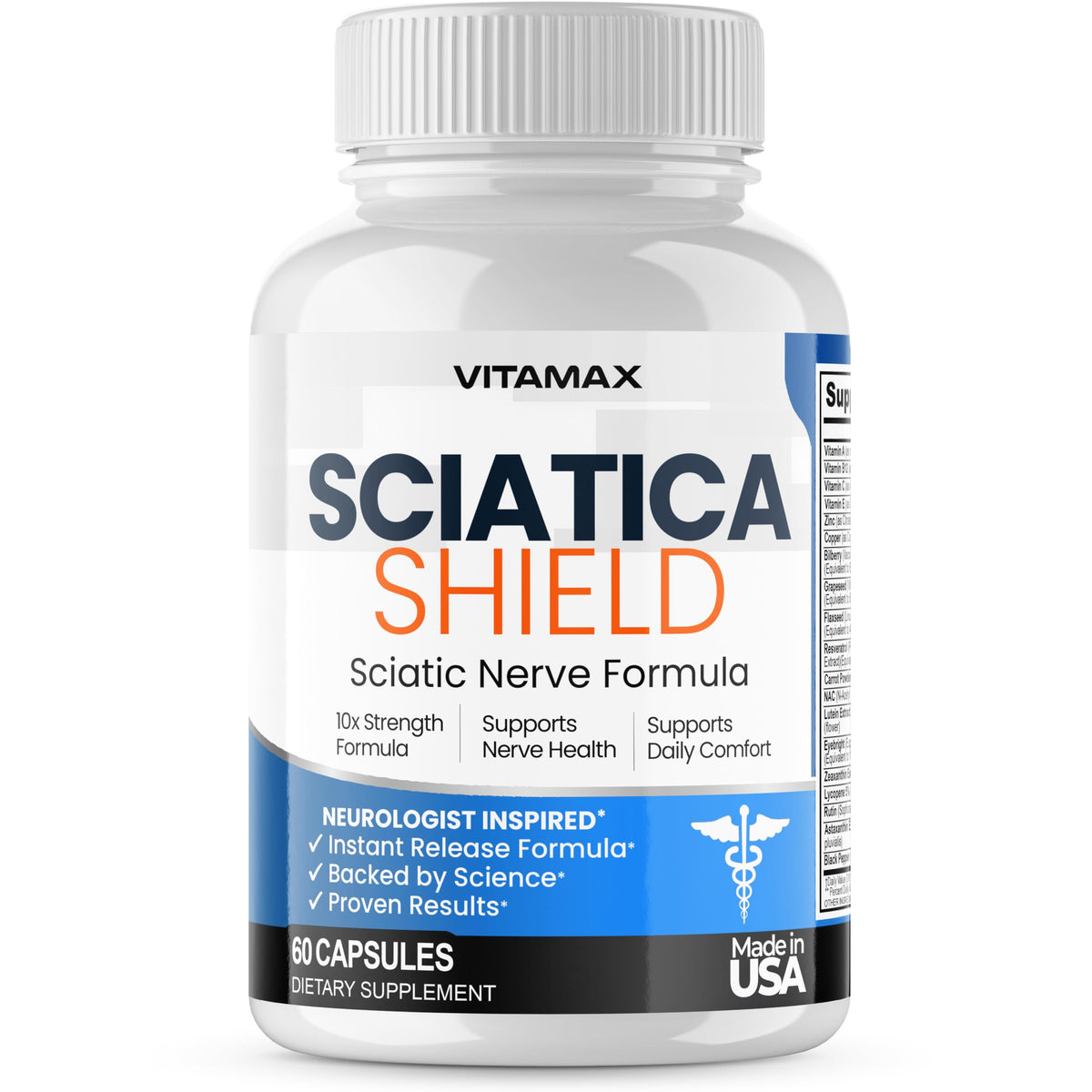 Vitamax Sciatica Shield frasco frontal mostrando diseño y cantidad 60ct