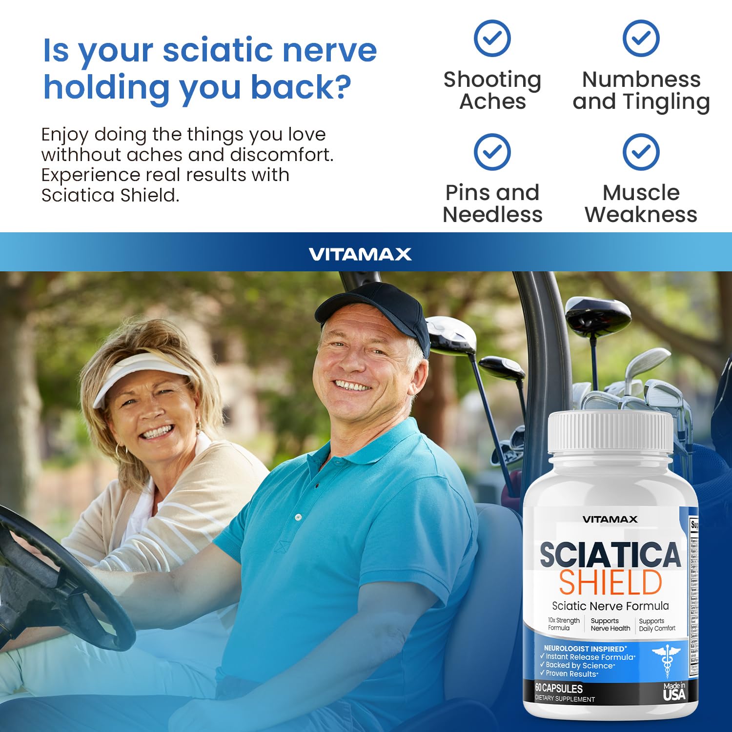 Ingredientes clave Vitamax Sciatica Shield dispuestos: cúrcuma, glucosamina, ALA