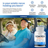 Ingredientes clave Vitamax Sciatica Shield dispuestos: cúrcuma, glucosamina, ALA