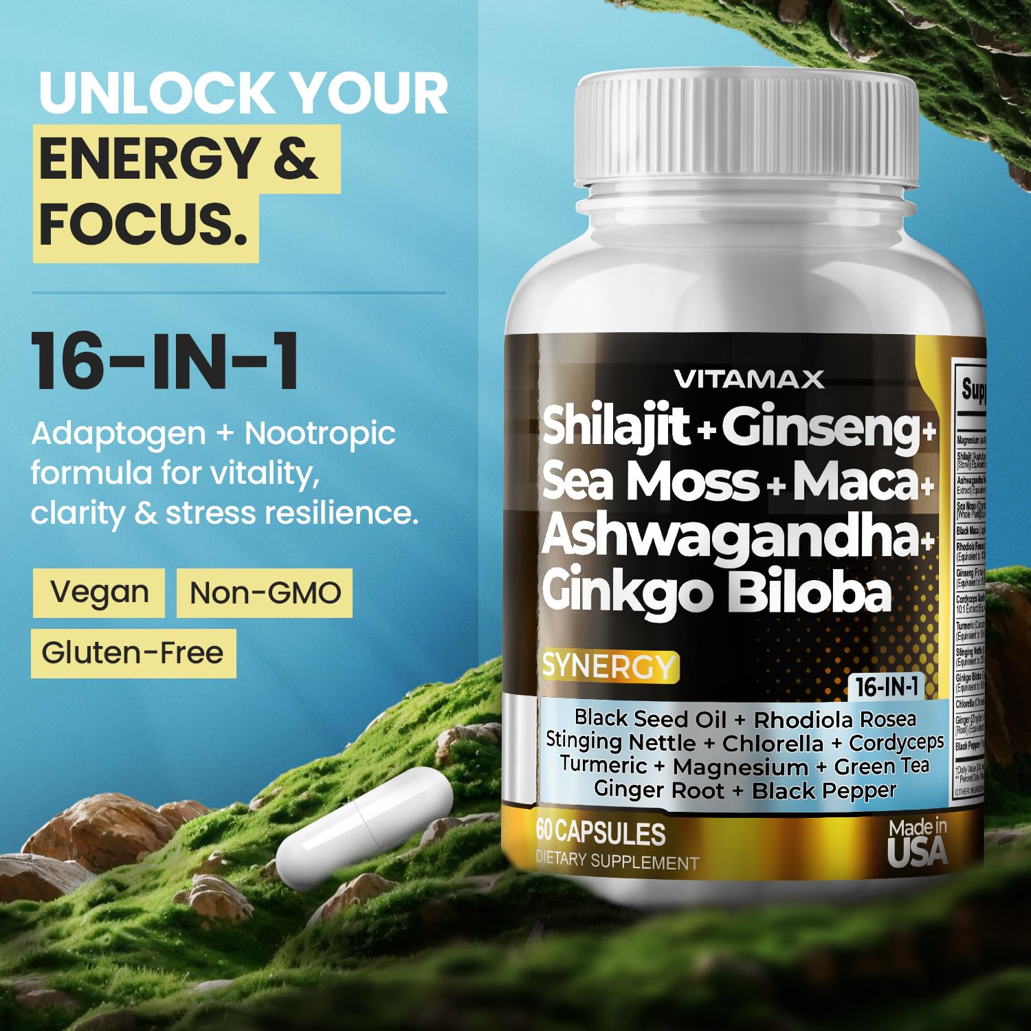 Vitamax shilajit en mano mostrando textura y pureza de origen alto