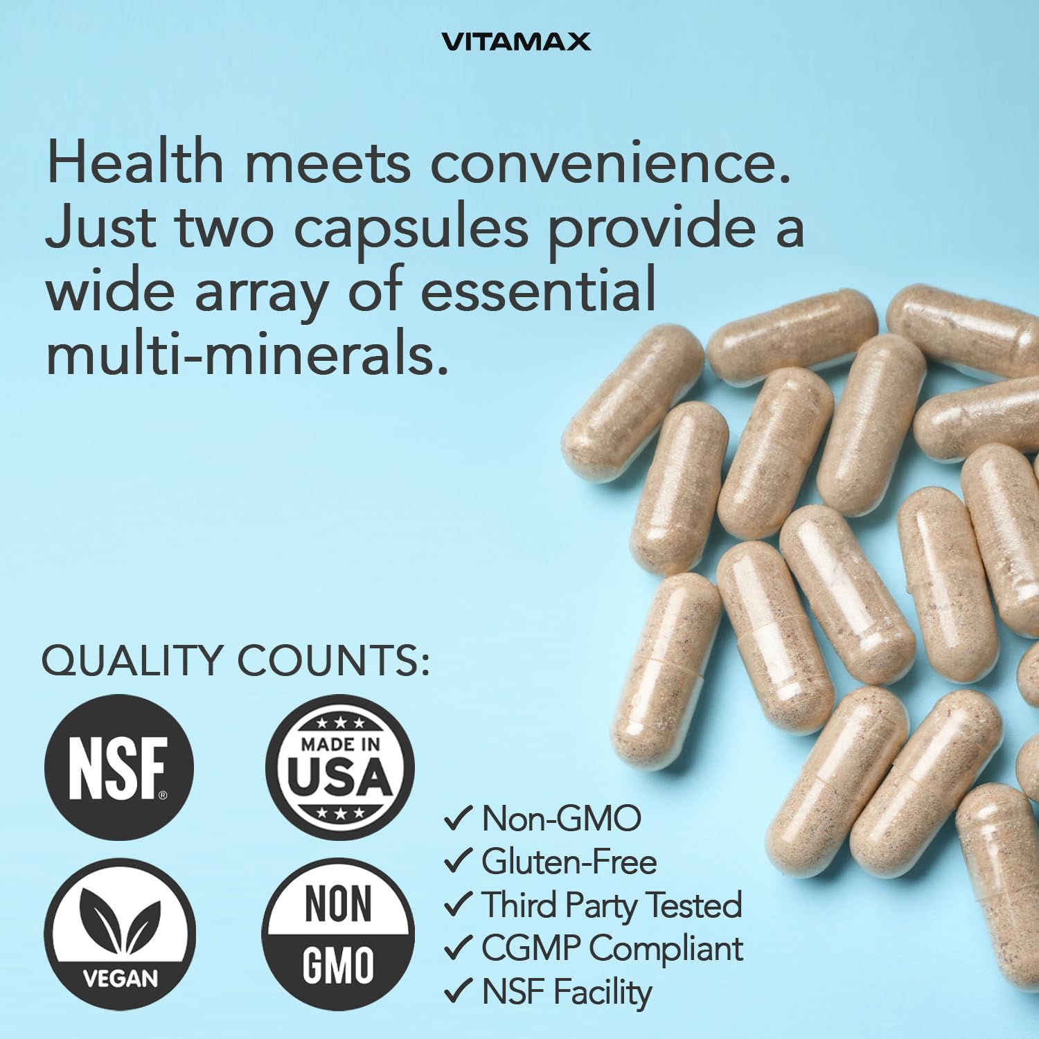 Vitamax botella junto a un vaso de agua representando uso cotidiano