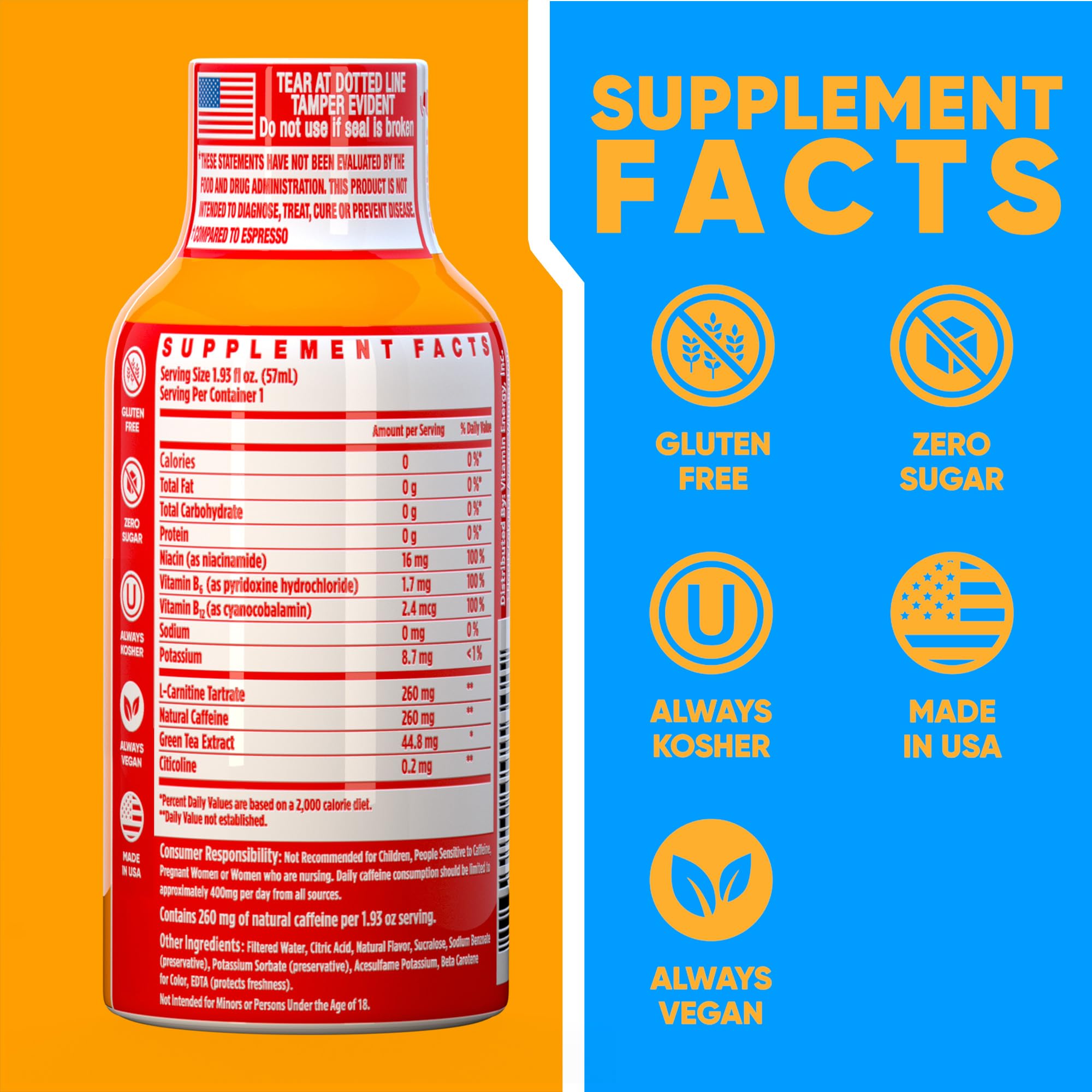 Vitamin Energy primer plano del líquido naranja y textura sin residuos