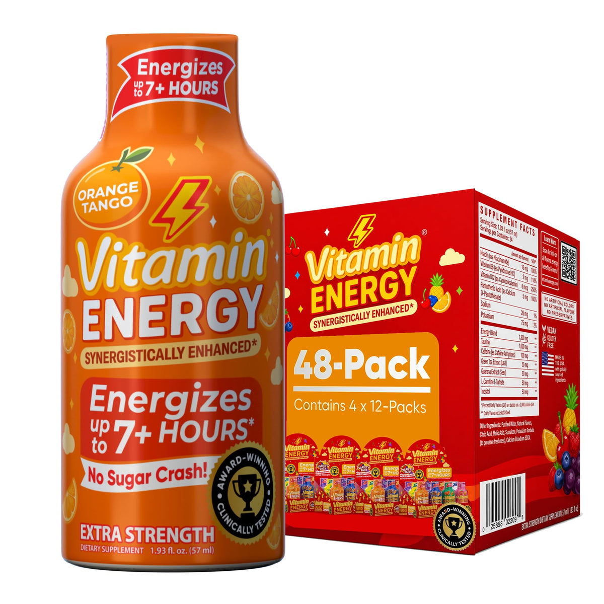 Vitamin Energy pack frontal mostrando las 12 botellas y beneficios sin azúcar