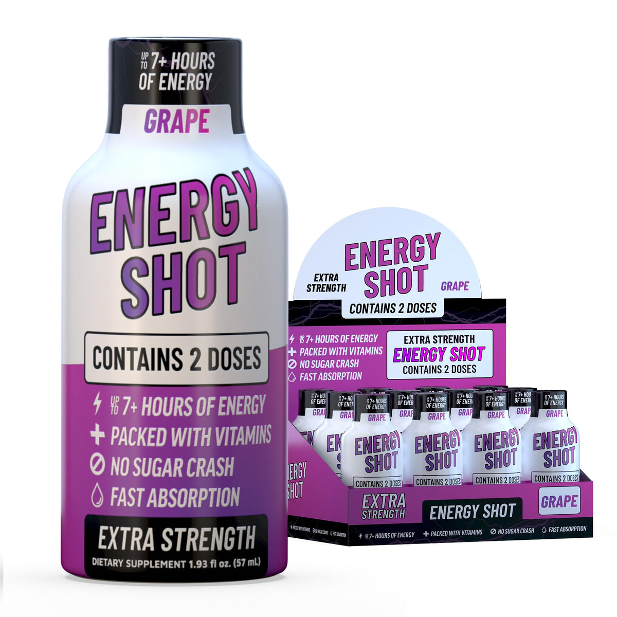 Vitamin Energy frasco de Grape frente mostrando diseño y conveniencia