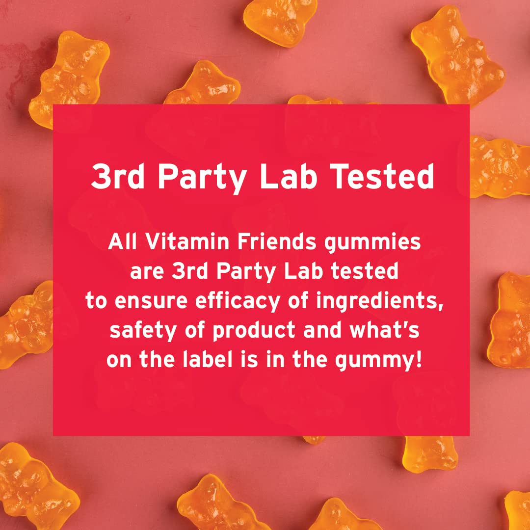 Vitamin Friends bote abierto revelando gomitas cítricas, fácil consumo diario