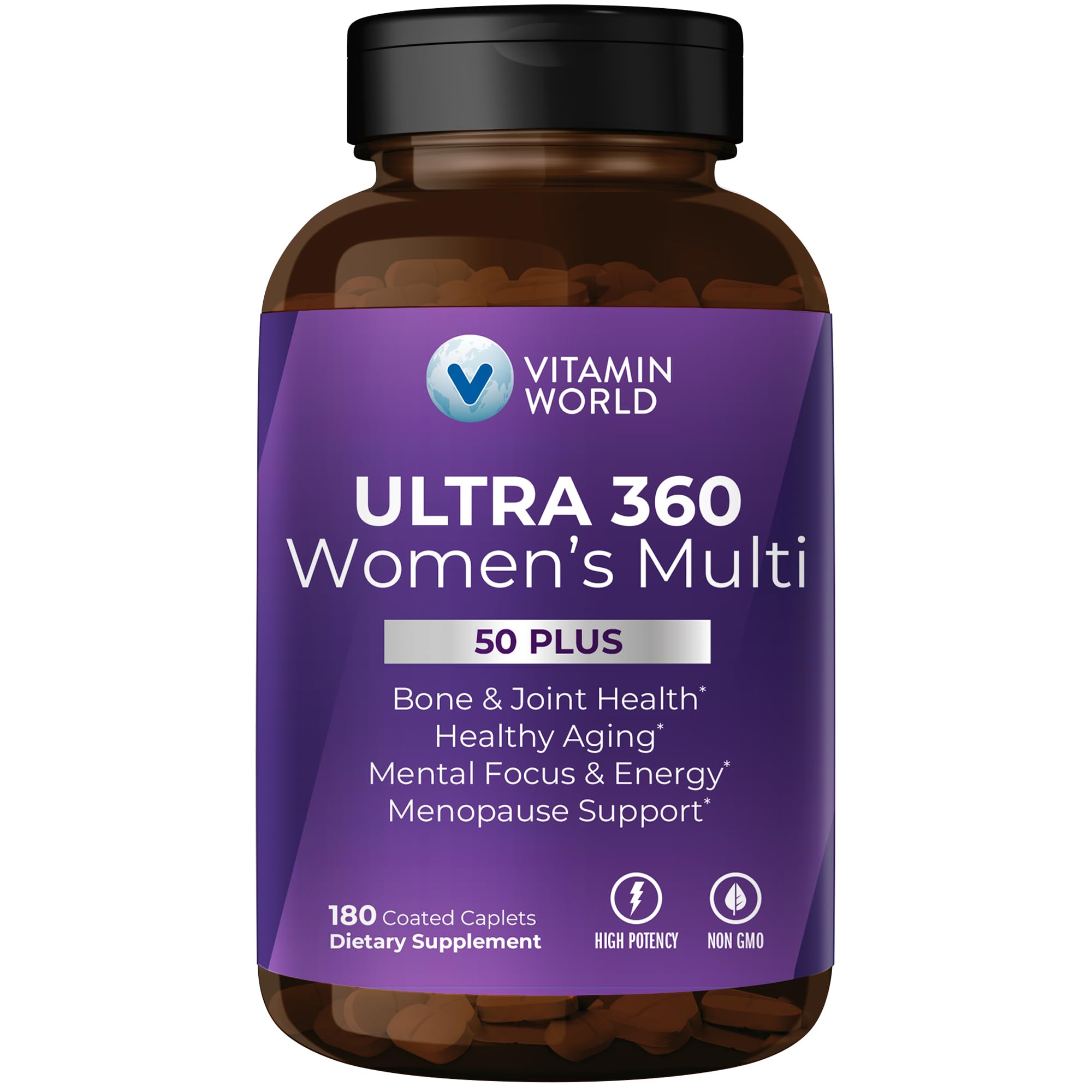 Vitamin World frente del empaque mostrando 180 capletas y beneficios principales