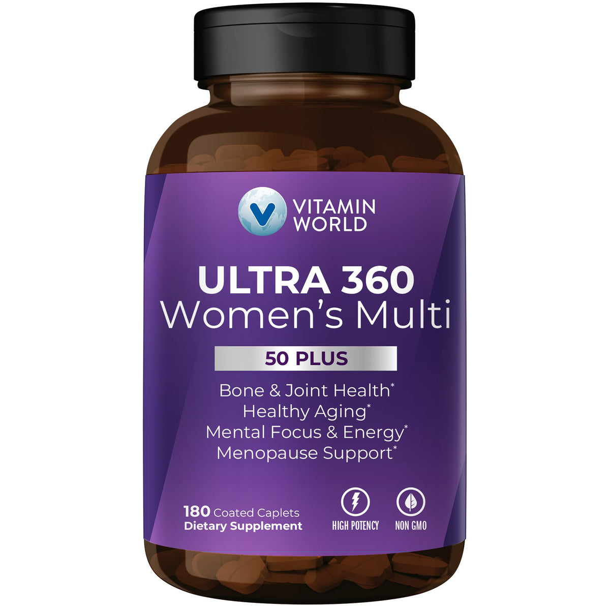 Vitamin World frente del empaque mostrando 180 capletas y beneficios principales