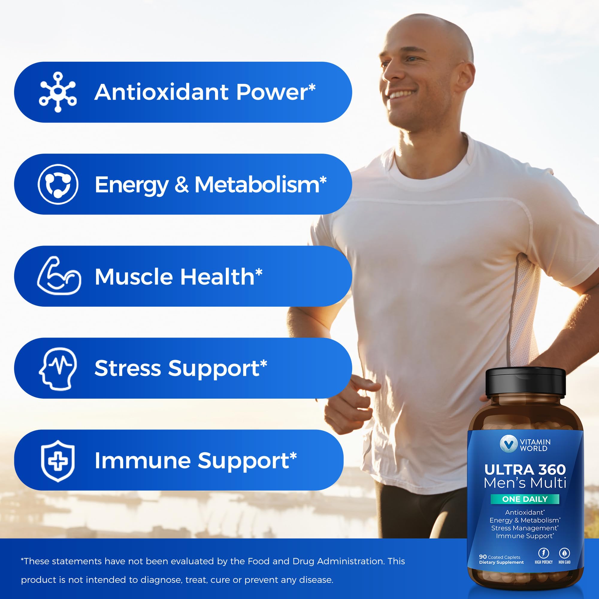 Vitamin World frasco abierto con caplets visibles para control de dosis y suministro