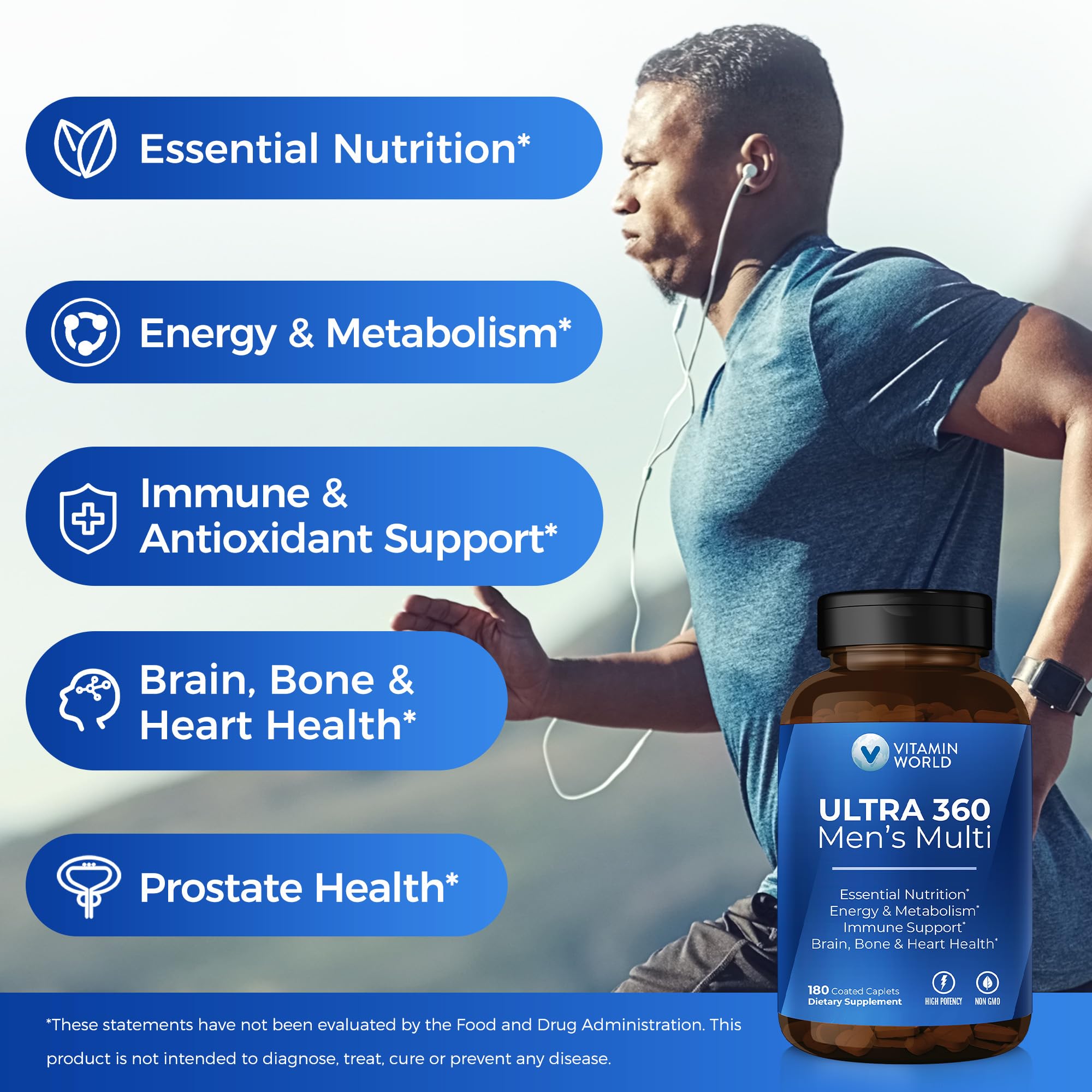 Vitamin World caplets tomados con agua para uso diario y conveniencia