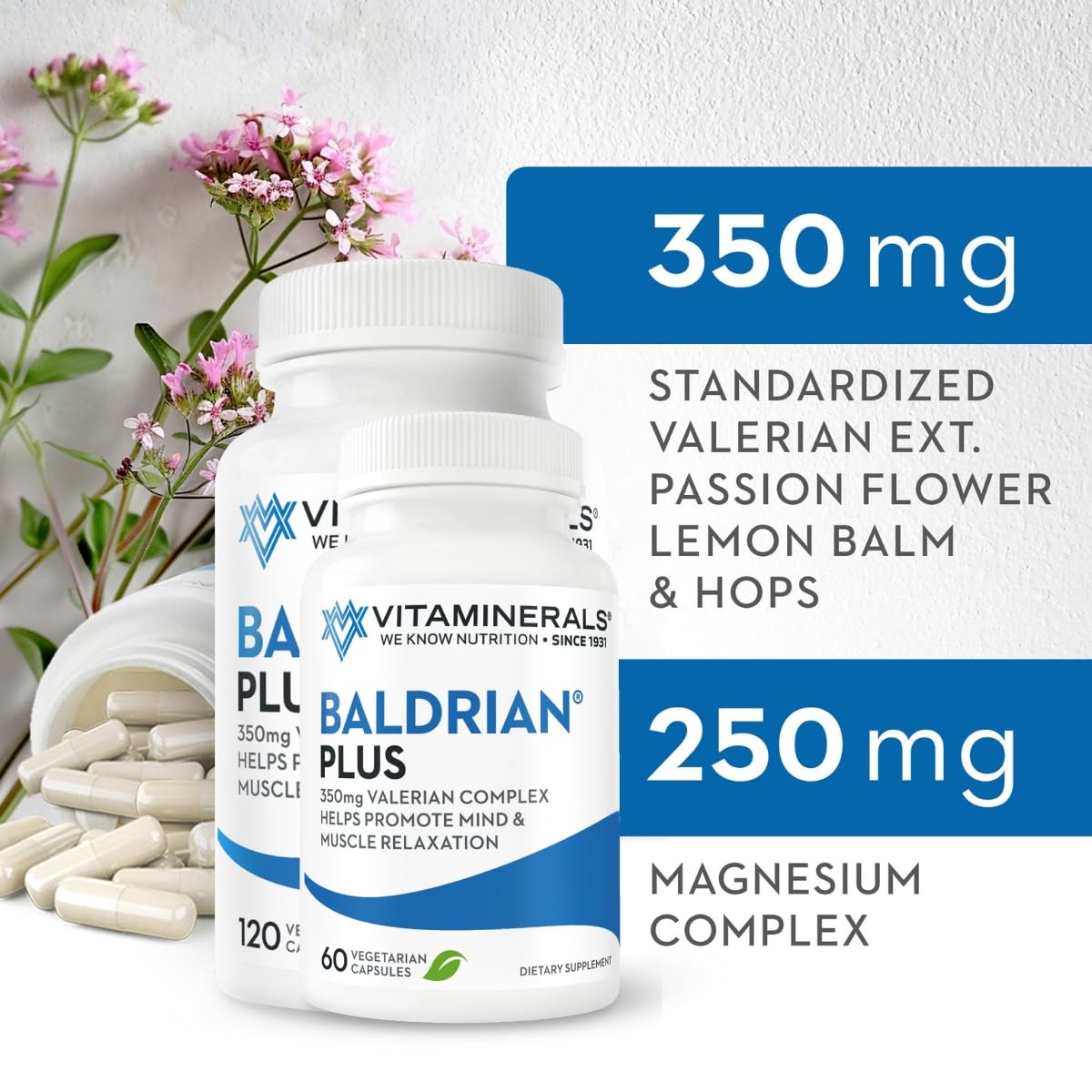 Cápsulas vegetales de Vitaminerals Baldrian® Plus en primer plano; beneficio: formato vegano fácil de tomar.