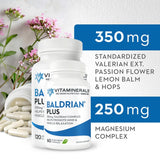 Cápsulas vegetales de Vitaminerals Baldrian® Plus en primer plano; beneficio: formato vegano fácil de tomar.