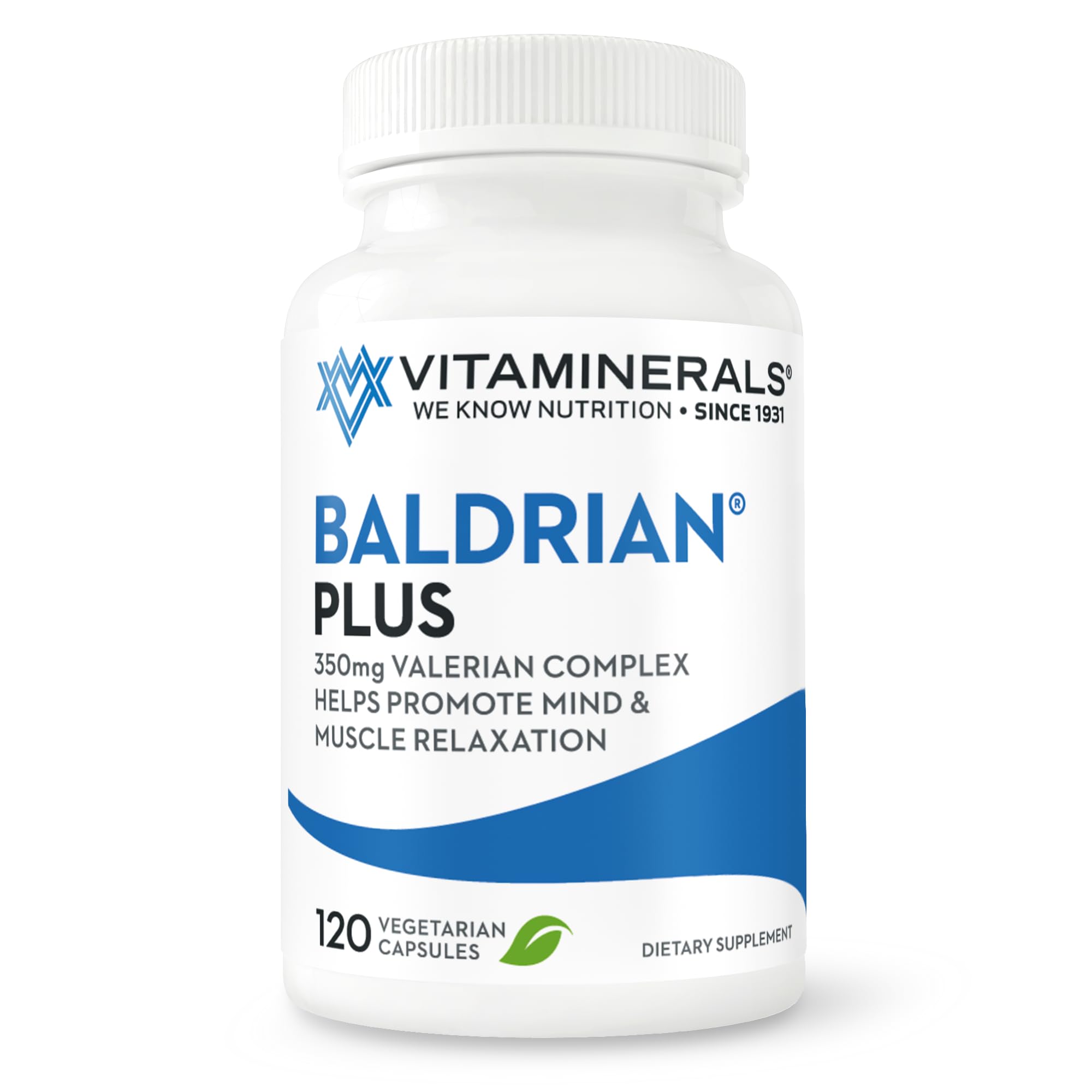 Envase de Vitaminerals Baldrian® Plus frontal mostrando tamaño y etiquetas; beneficio: información clara.