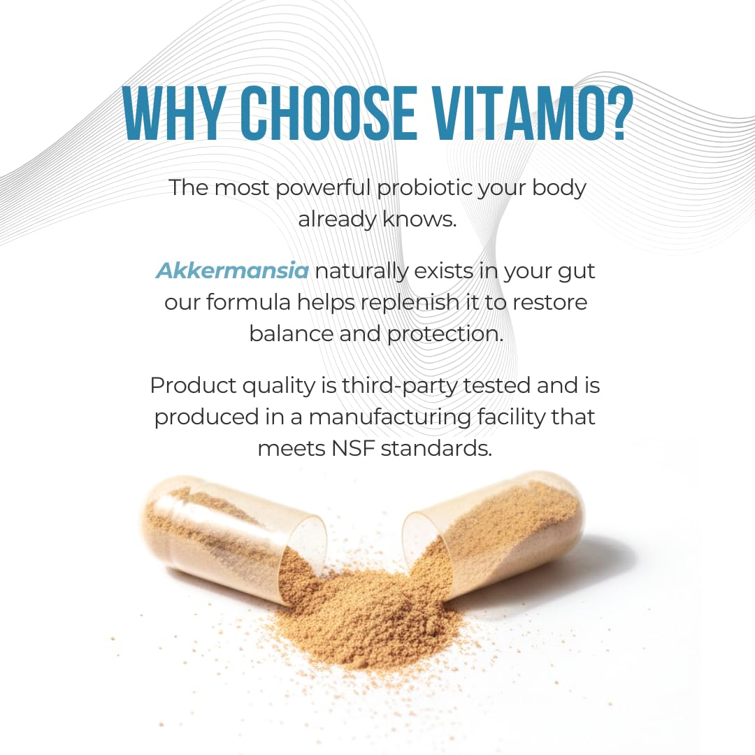 Etiqueta Vitamo con ingredientes clave como Akkermansia y berberina