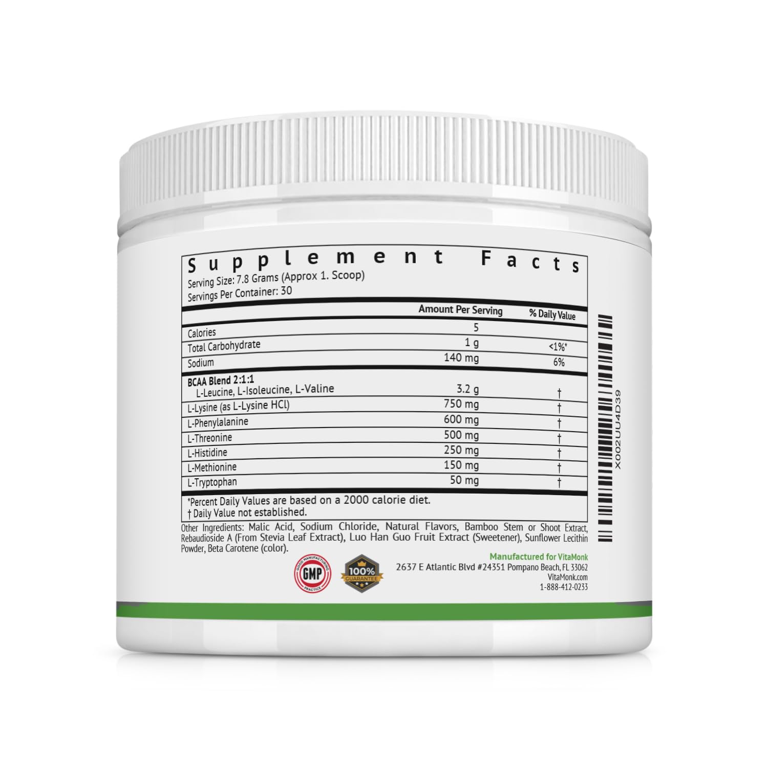 Sello en bote de VitaMonk Clean EAA que destaca sin edulcorantes artificiales