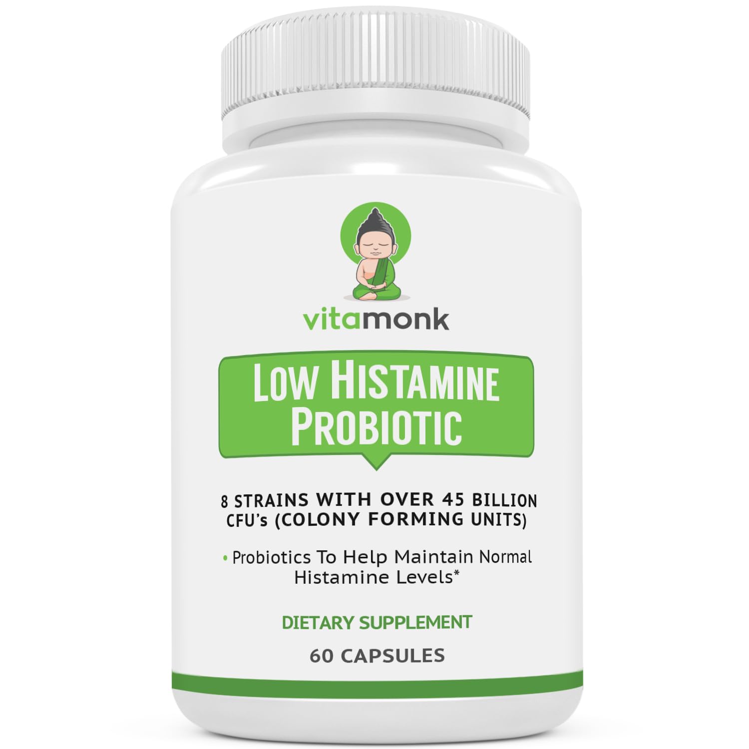 VitaMonk envase frontal mostrando 60 cápsulas y beneficio de fórmula baja en histamina
