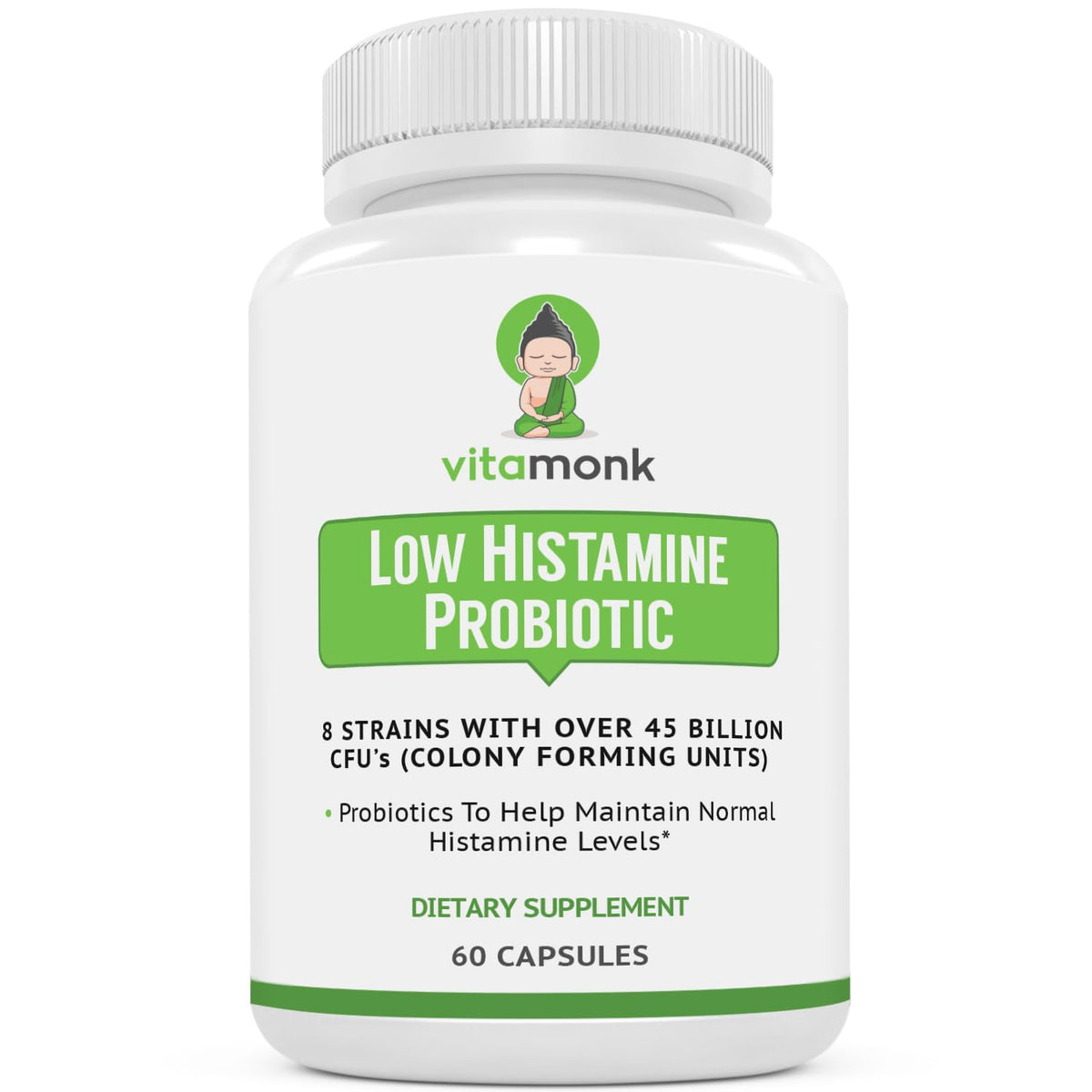 VitaMonk envase frontal mostrando 60 cápsulas y beneficio de fórmula baja en histamina