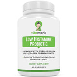 VitaMonk envase frontal mostrando 60 cápsulas y beneficio de fórmula baja en histamina
