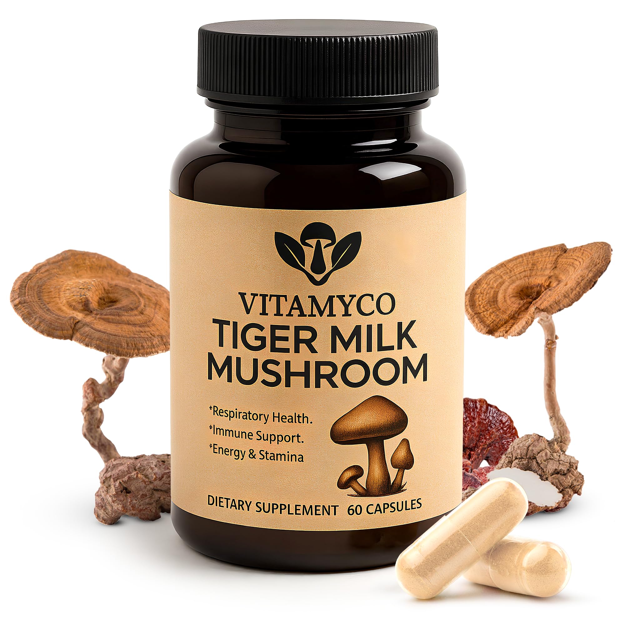 Vitamyco envase frontal de Tiger Milk Mushroom mostrando diseño y beneficios