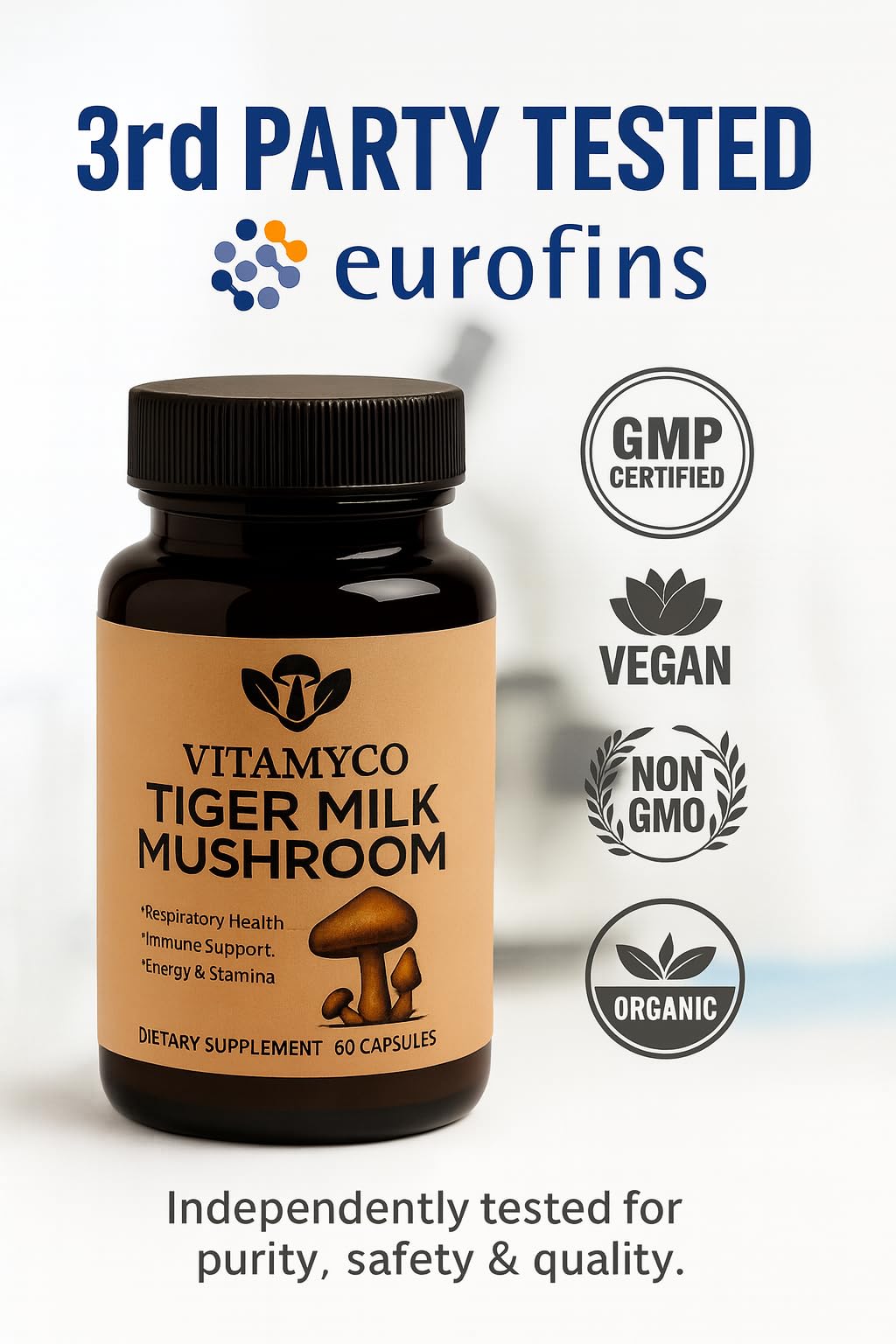 Vitamyco raíz del hongo Tiger Milk Mushroom ilustrando origen natural auténtico