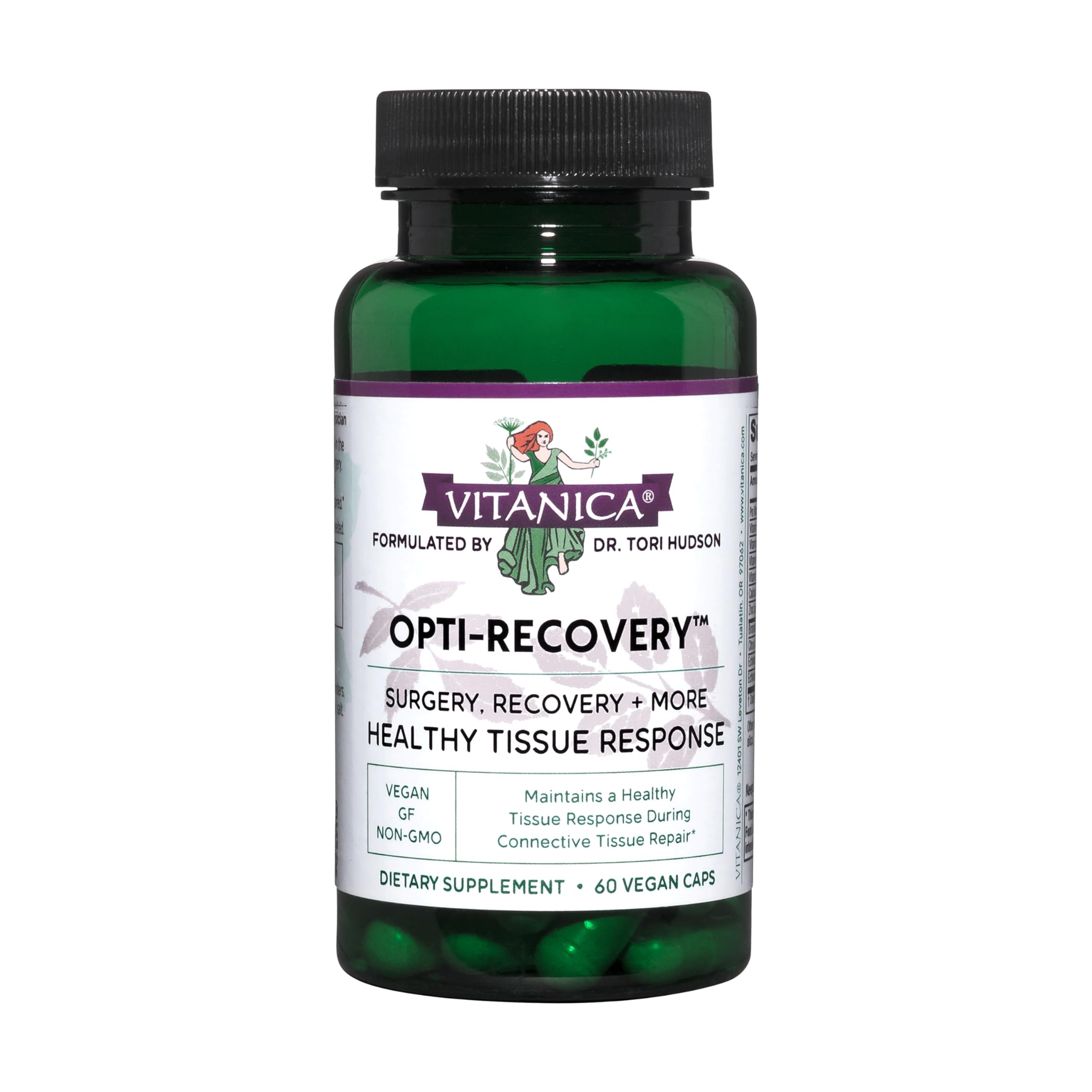 Vitanica Opti-Recovery vista frontal del frasco mostrando 60 cápsulas y etiqueta clara