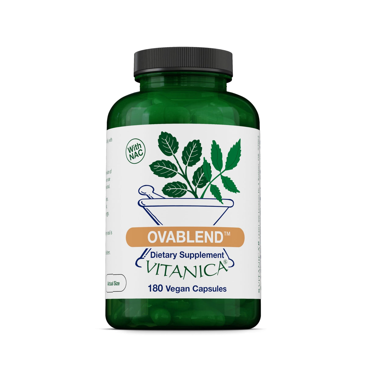 Vitanica Ovablend vista frontal del envase y etiqueta clara, apoyo natural visible