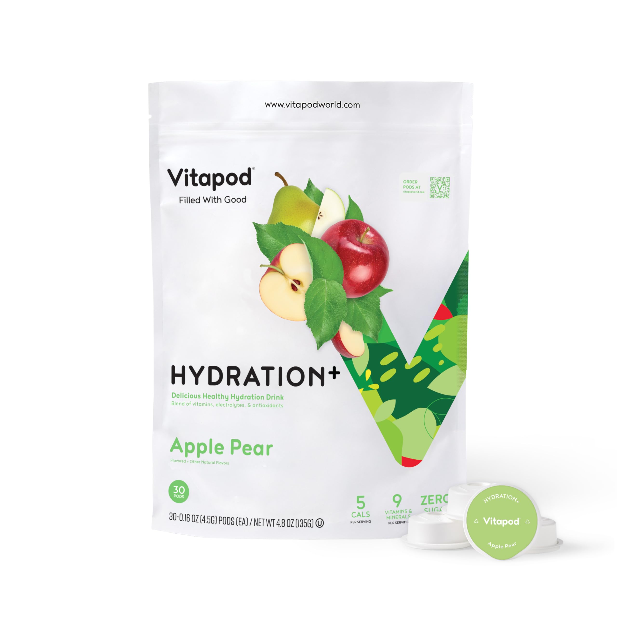Vitapod empaque Manzana Pera mostrando 30 pods y beneficio conveniencia