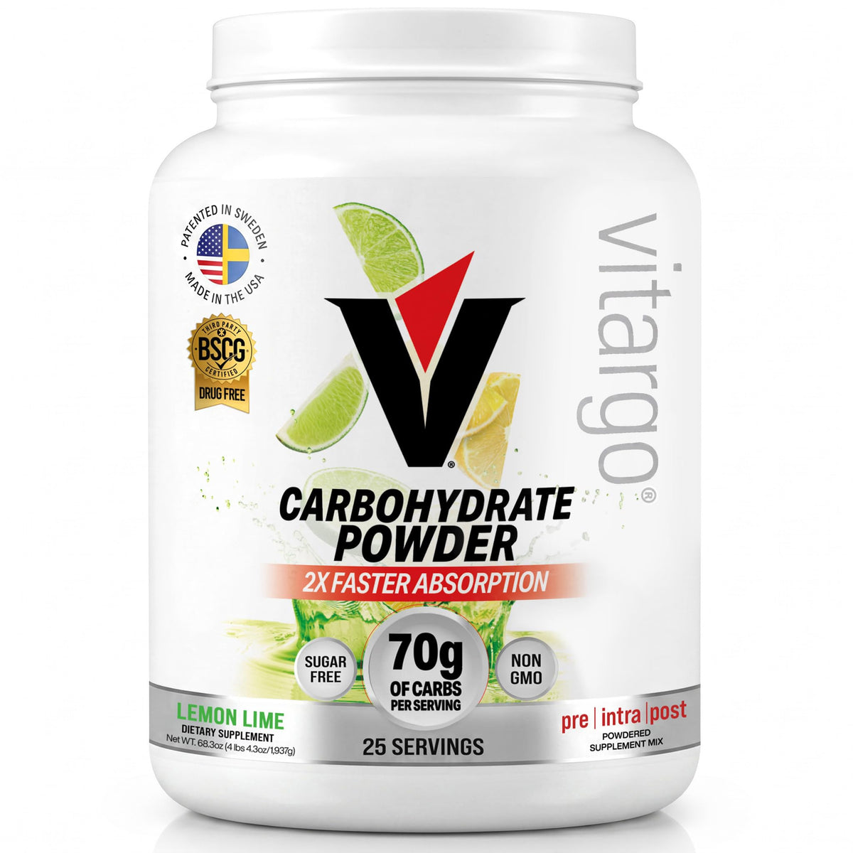 Vitargo frente del envase mostrando sabor limón y lima y beneficios claros