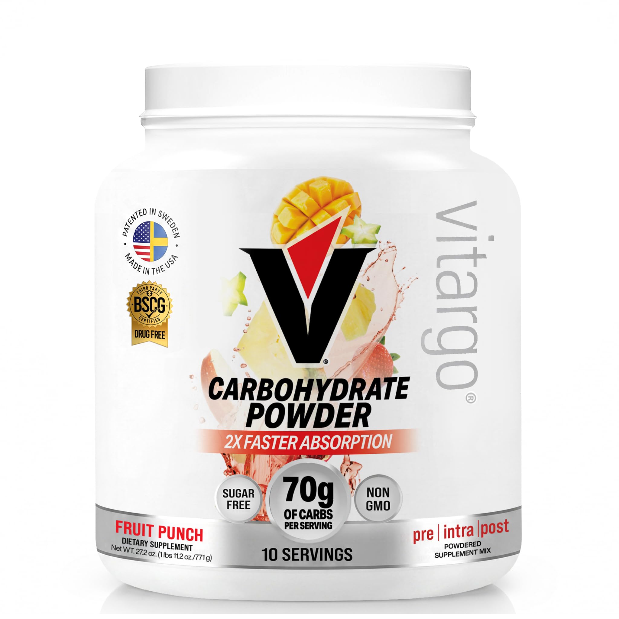Vitargo envase frontal Fruit Punch mostrando tamaño y sabor beneficioso para recargar energía