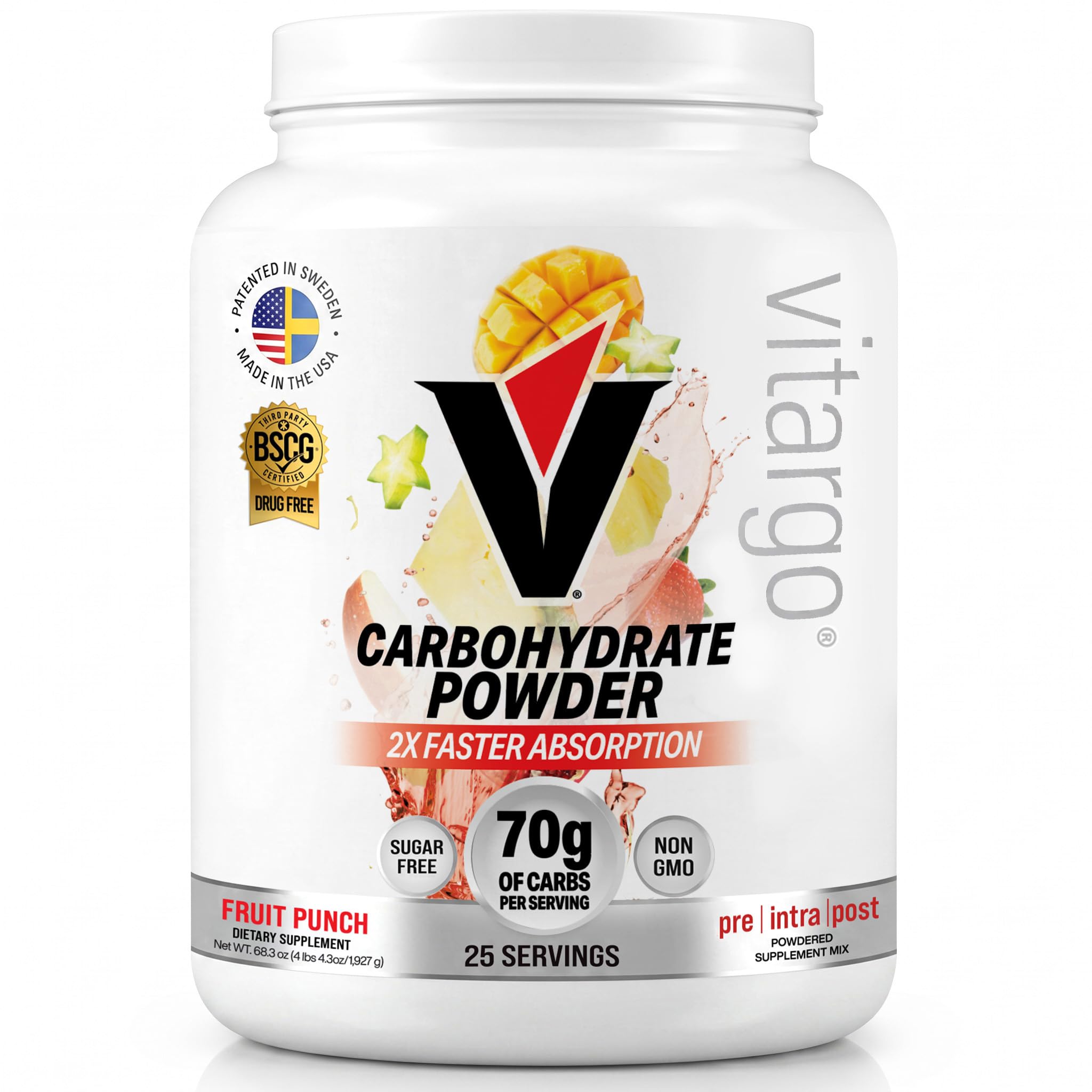Vitargo frontal del envase mostrando sabor fruit punch y beneficios rápidos