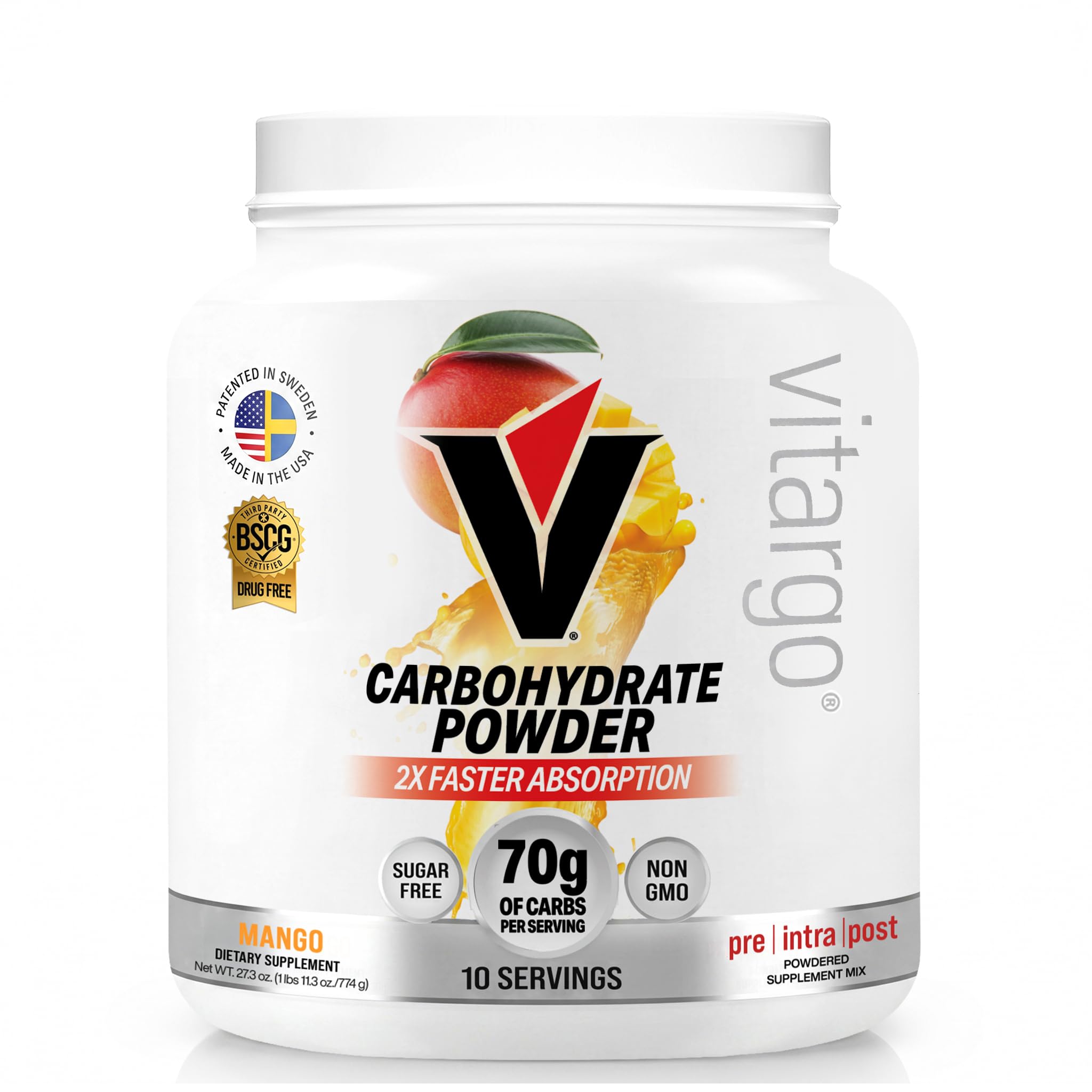 Vitargo envase frontal con sabor mango mostrando etiqueta y beneficio de recuperación rápida
