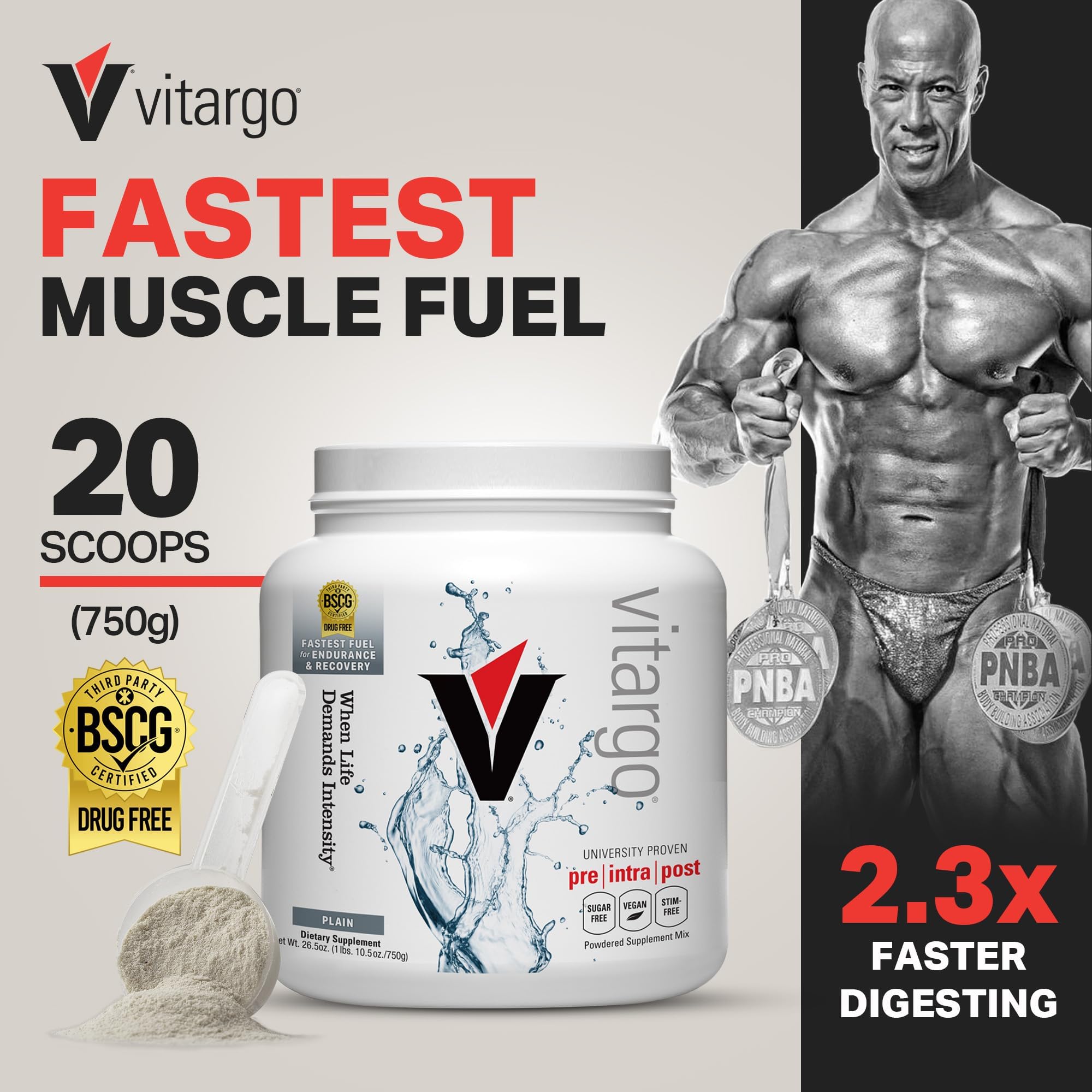 Textura del polvo Vitargo cerca, fácil disolución y digestión rápida