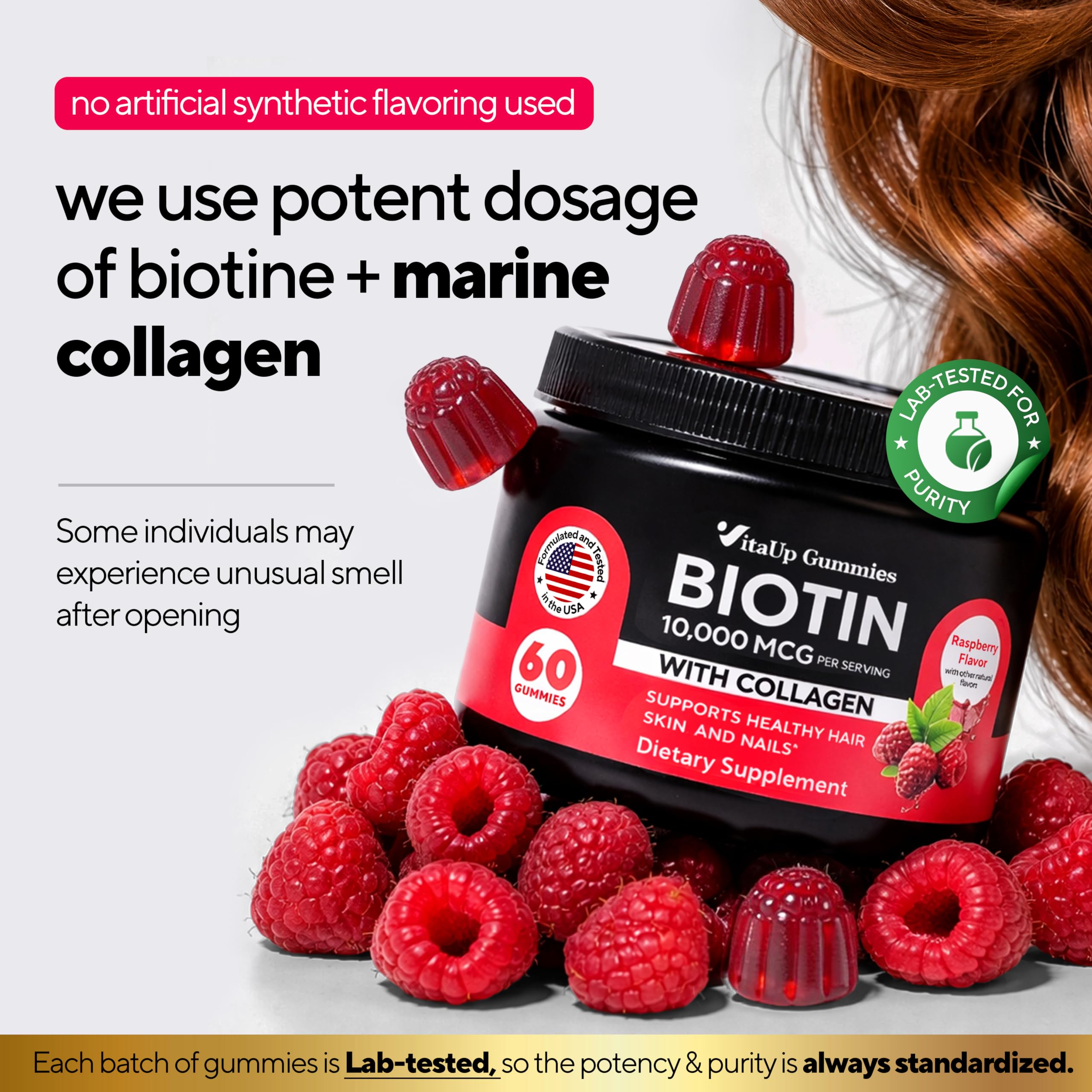 Etiqueta principal de VitaUp con información de biotina y colágeno, confianza en la formulación