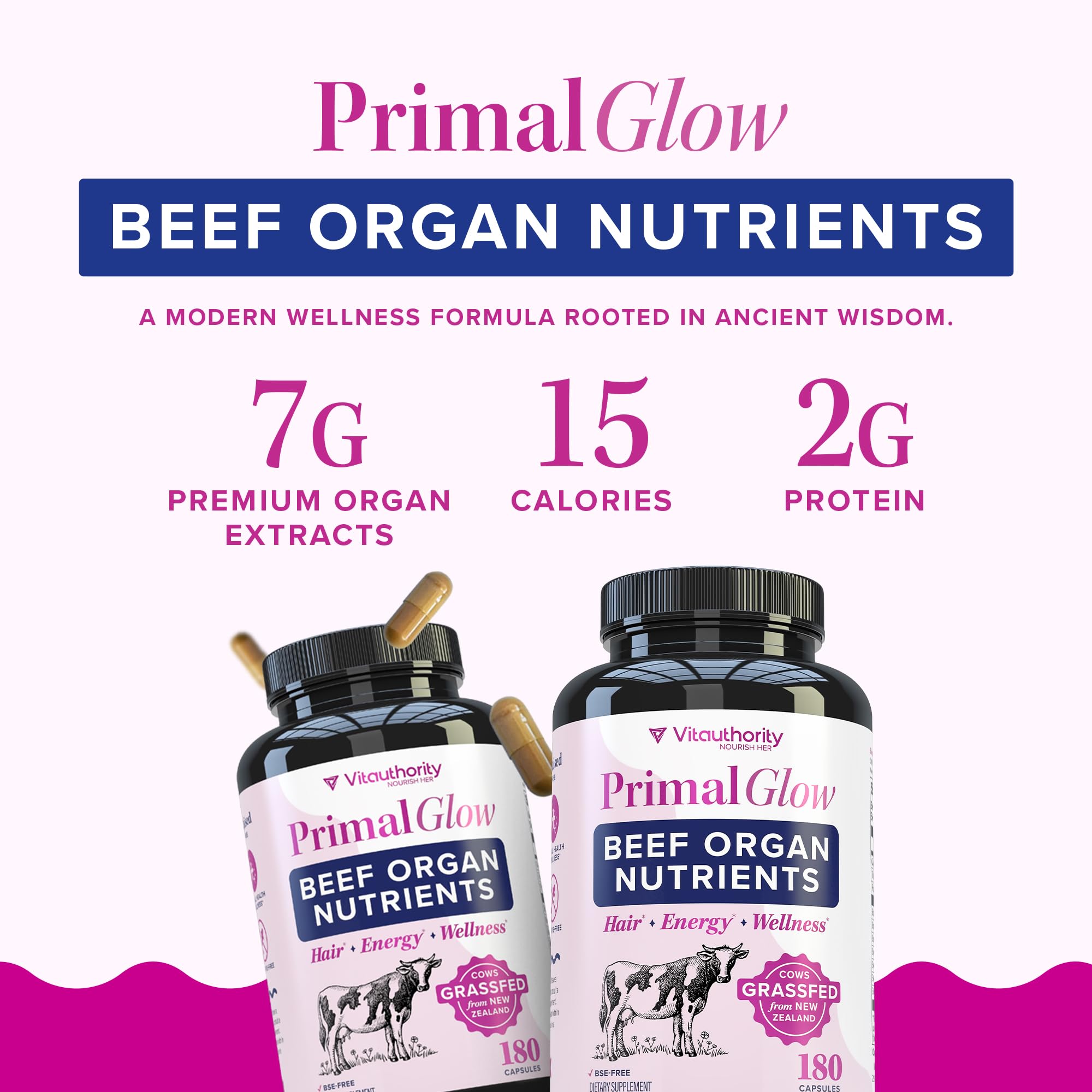 Vitauthority etiqueta con lista de órganos y calidad grass-fed