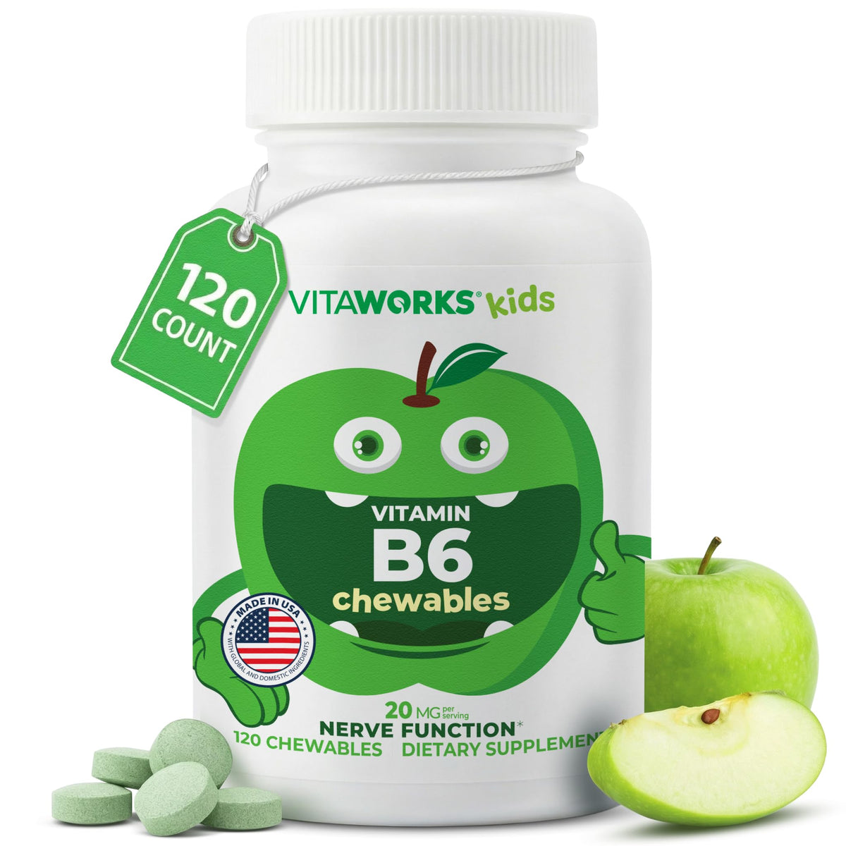 VitaWorks frasco frontal masticables mostrando etiqueta y beneficios