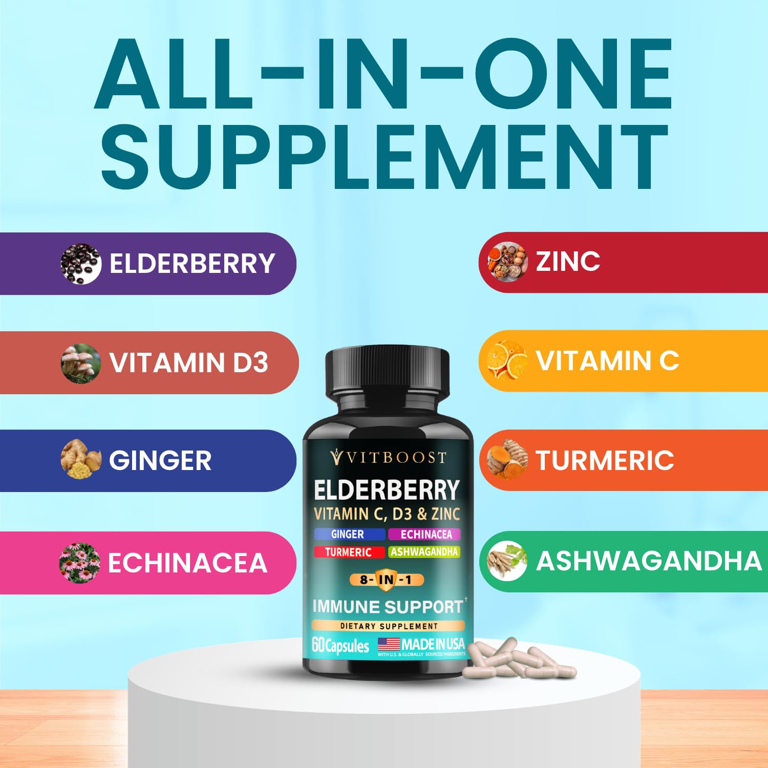 VITBOOST etiqueta nutricional con cantidades de vitamina C, D y zinc