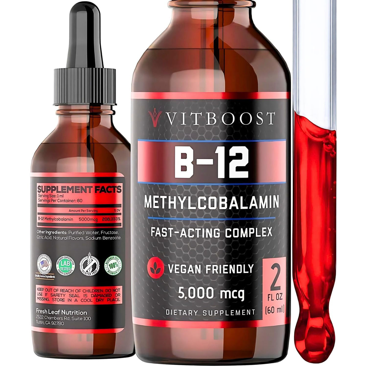 VITBOOST envase frontal B12 vegano con etiqueta clara y dosificación