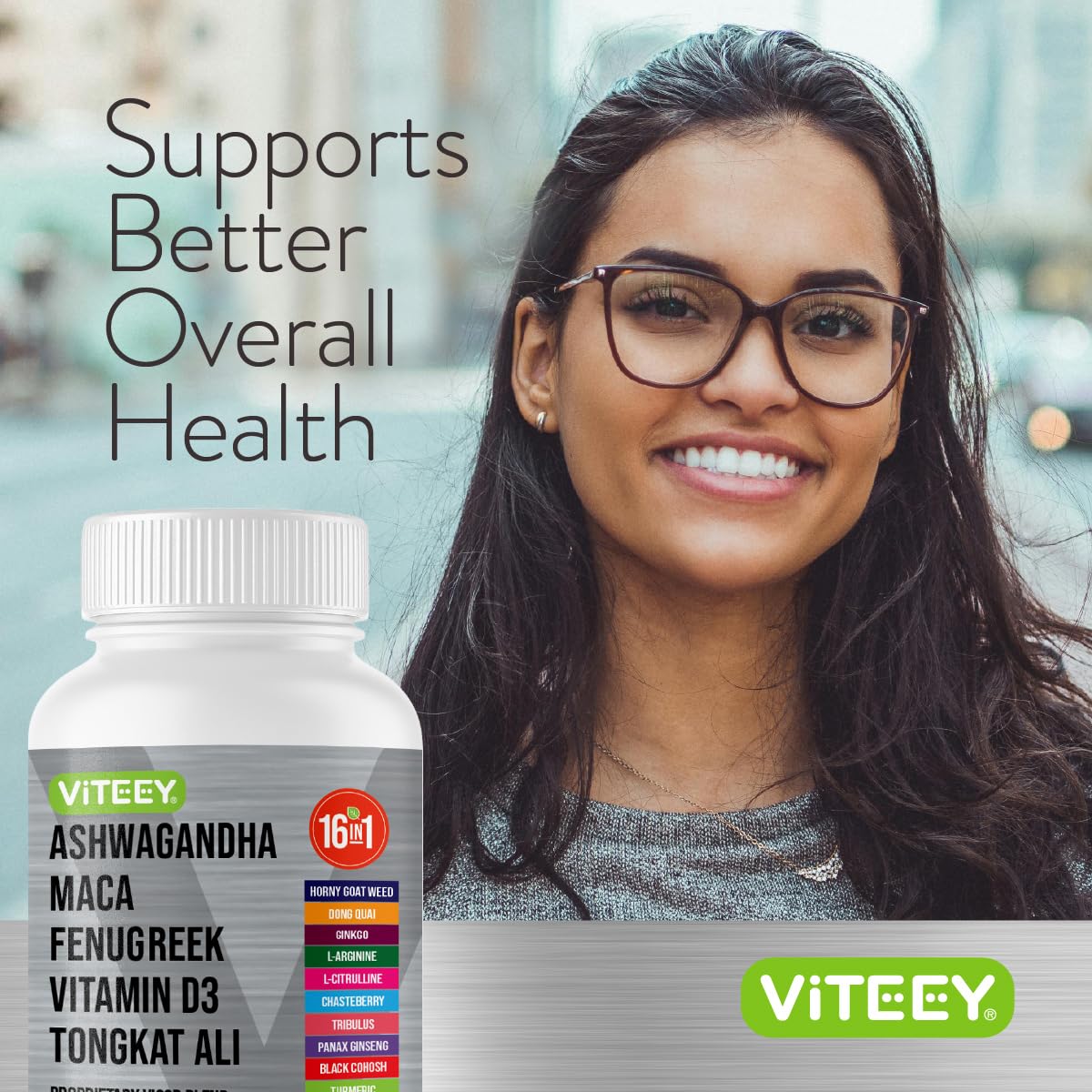 Viteey frasco en ambiente relajado sugiriendo uso diario para equilibrio y bienestar