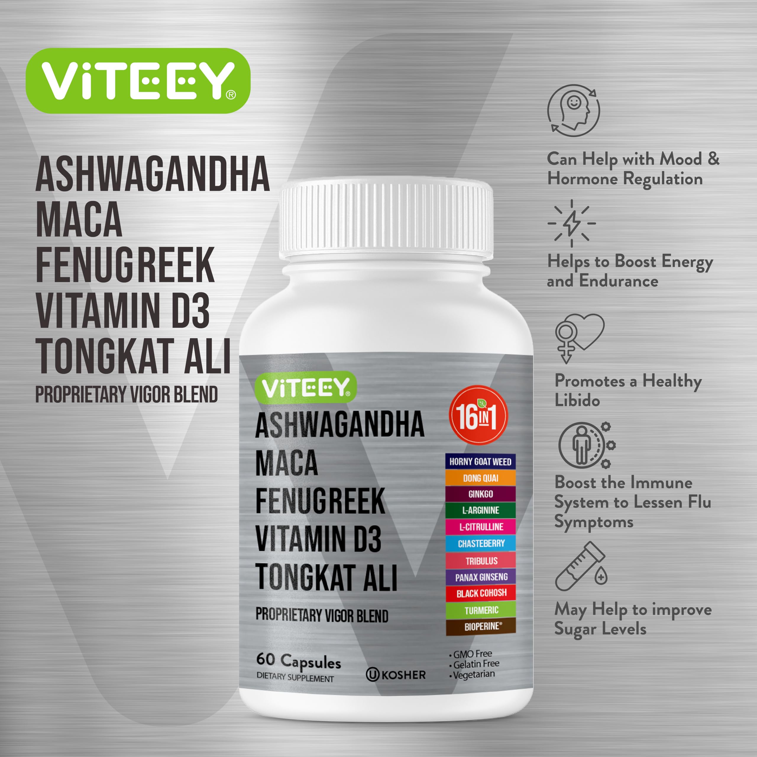 Viteey etiqueta de ingredientes legible que muestra la mezcla 16-en-1 y vitamina D3